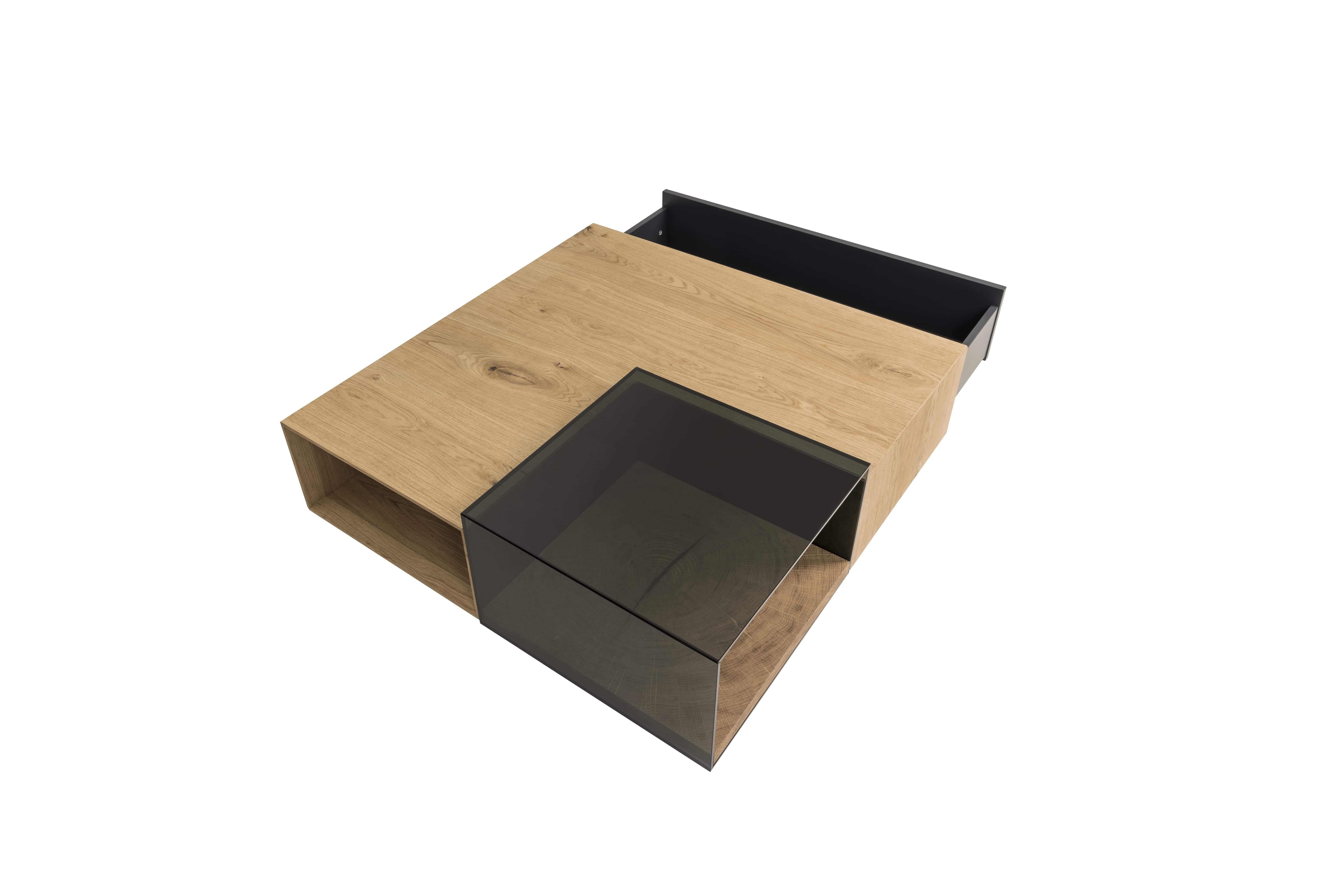 Portuguese Modern Aura Wooden Center Table with Glass Accent For Sale