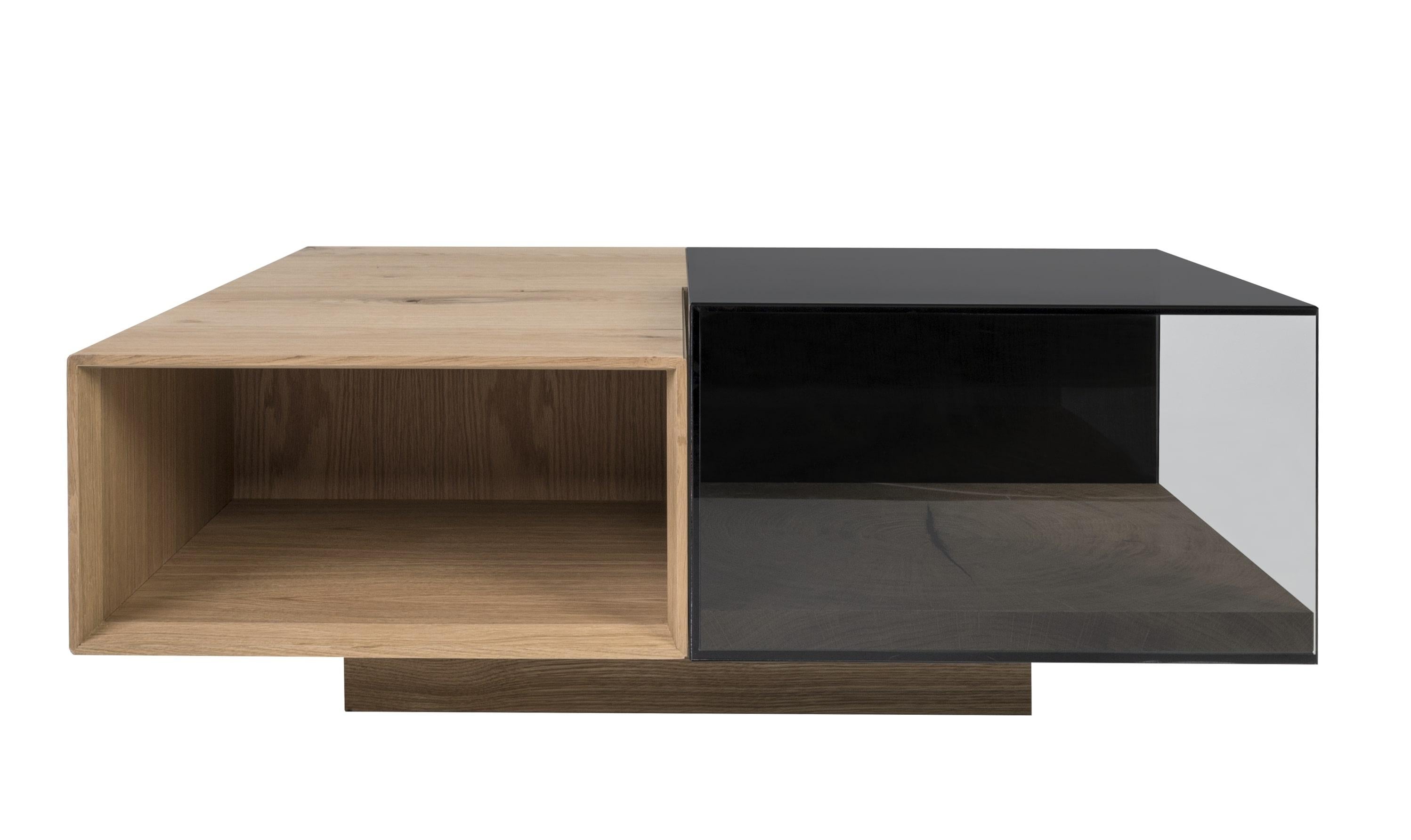 Hand-Crafted Modern Aura Wooden Center Table with Glass Accent For Sale