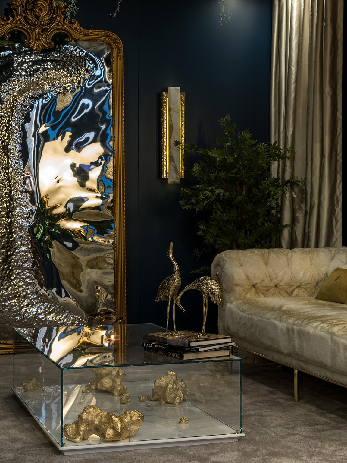 Table centrale moderne Aurum avec pépites d'or, verre et base en marbre blanc Neuf - En vente à Oporto, PT