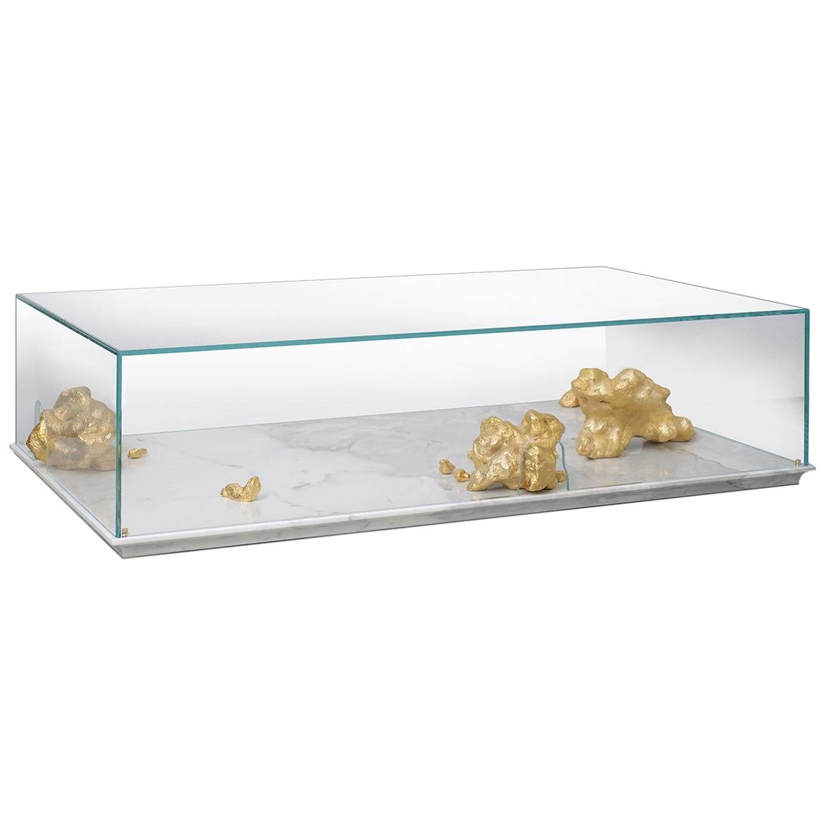 Modern Aurum Center Table with Golden Nuggets, Glass and White Marble Base