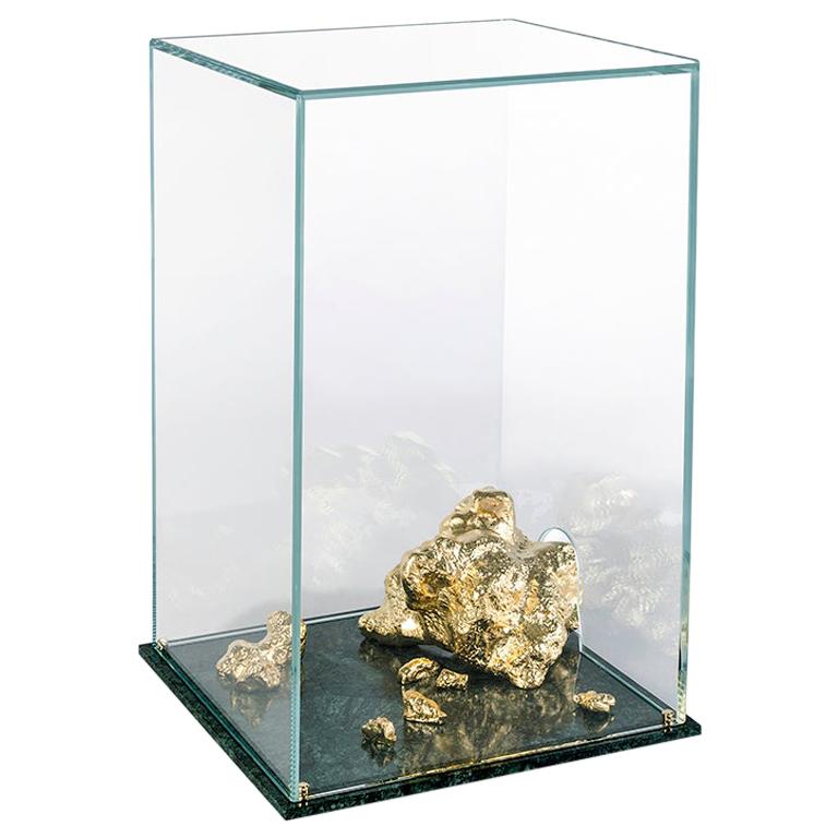 Modern Aurum Side Table in Tempered Glass, Gold Nuggets and Green Marble Base