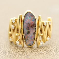 Modern Australian Boulder Opal Diamond Gold Ring