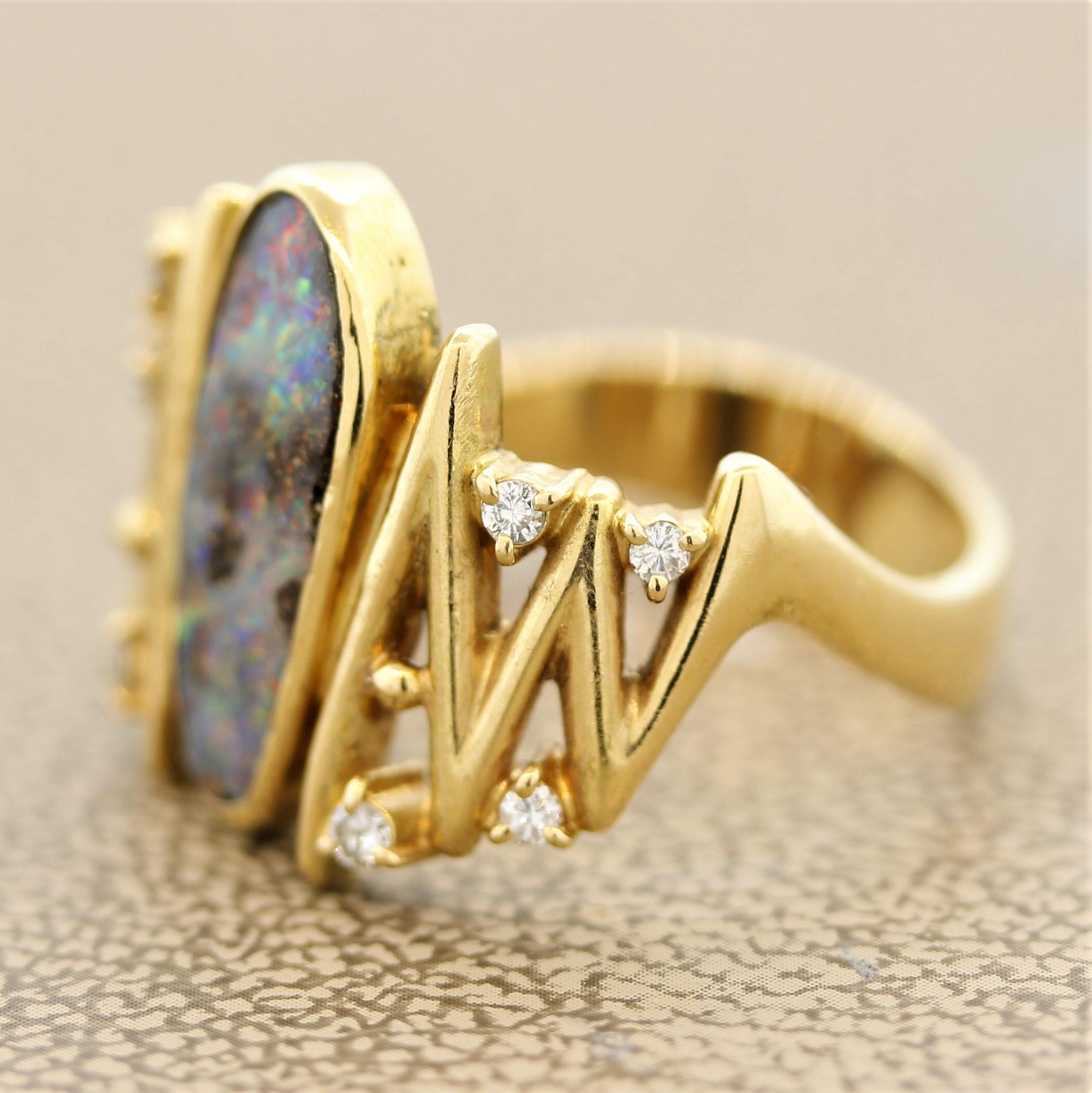 Mixed Cut Modern Australian Boulder Opal Diamond Gold Ring