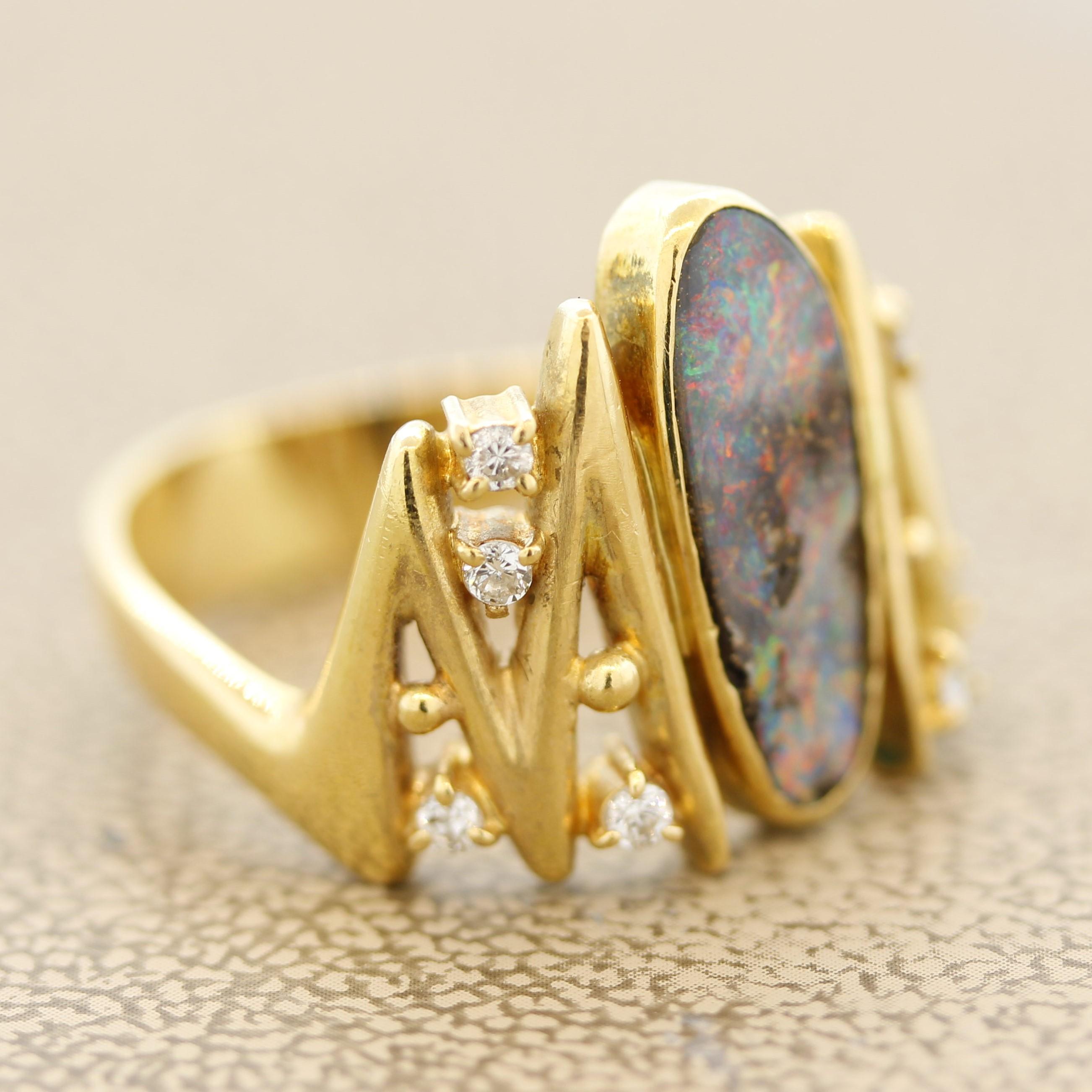 Women's Modern Australian Boulder Opal Diamond Gold Ring