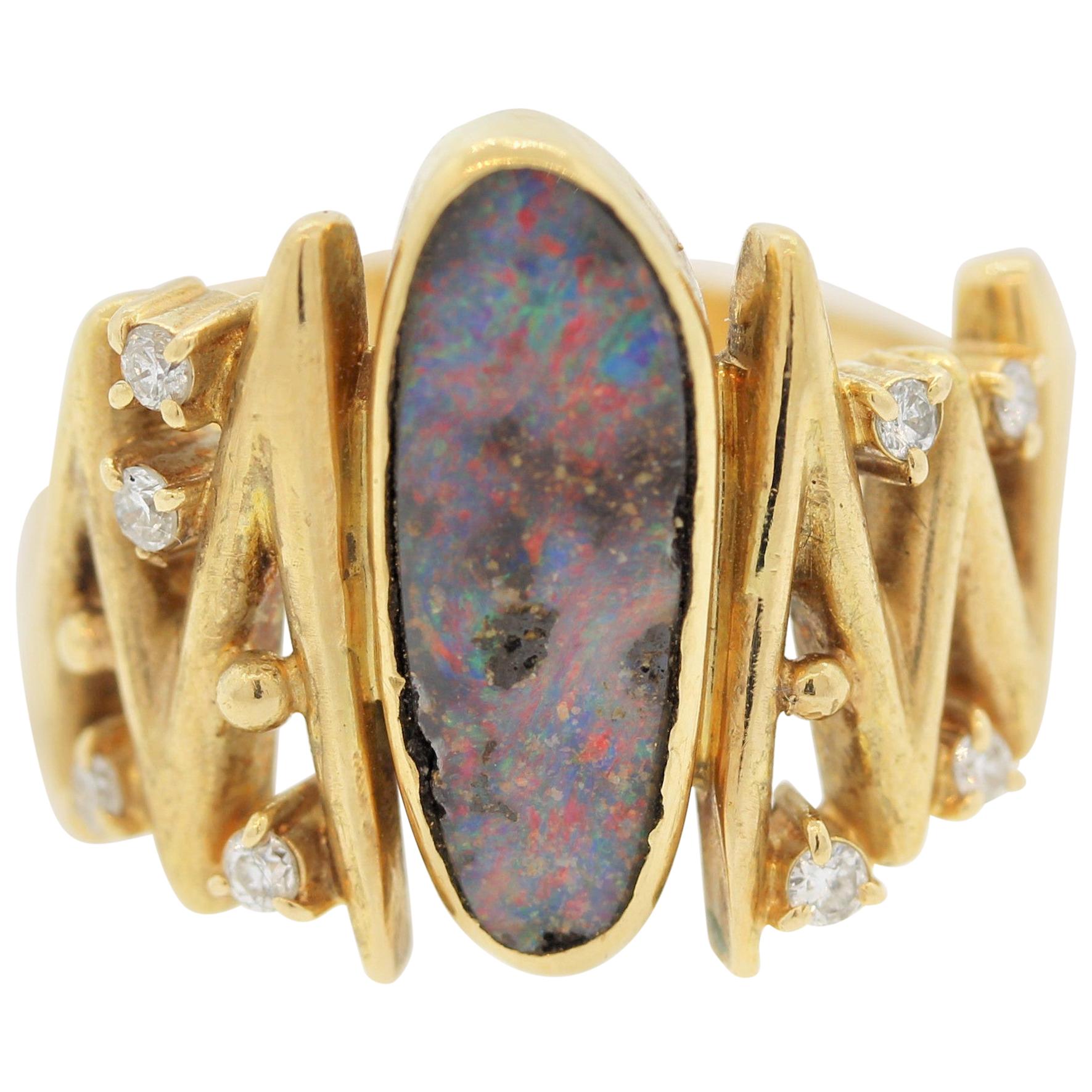 Modern Australian Boulder Opal Diamond Gold Ring