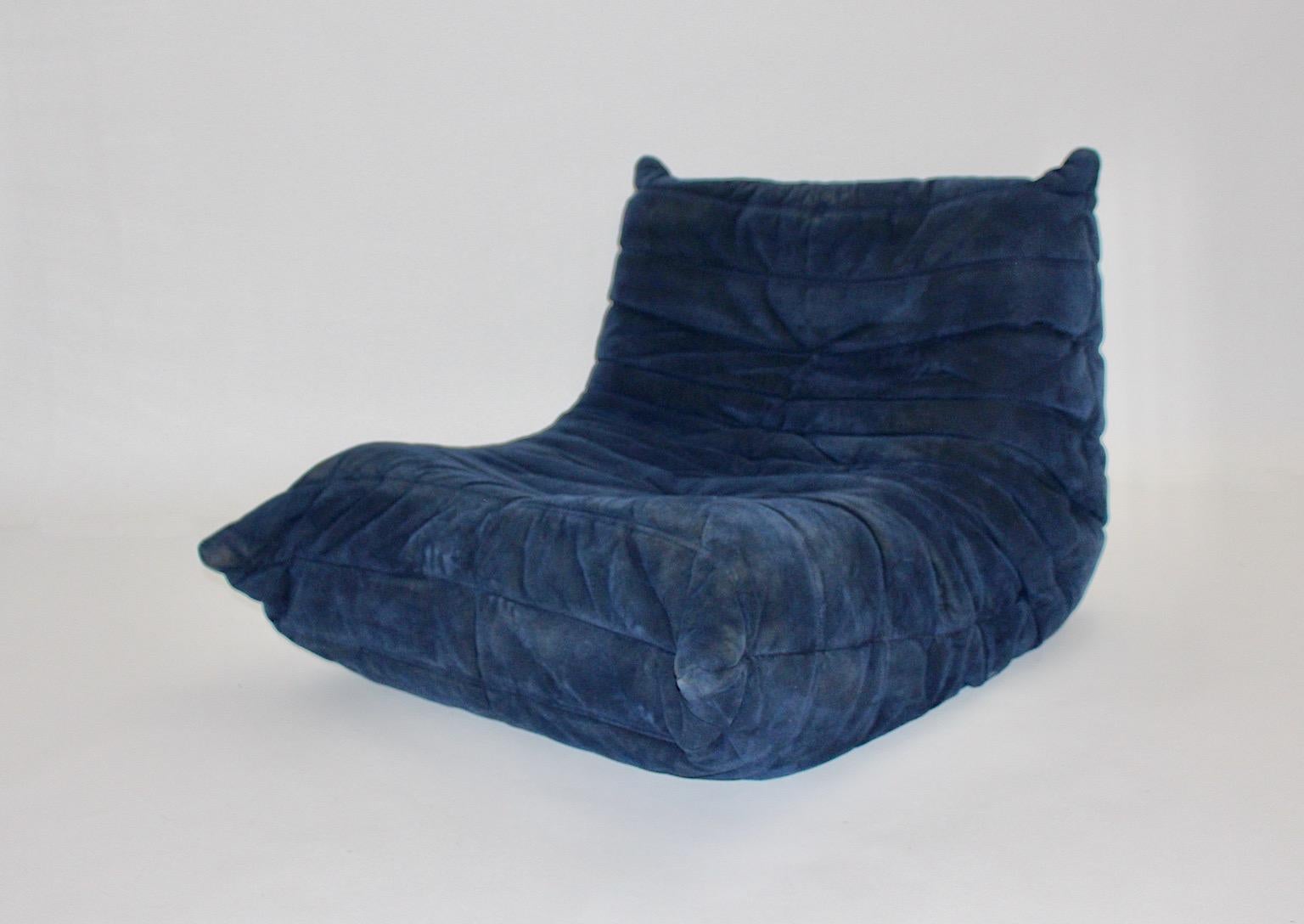 Modern Togo Space Age Authentic Blue Ultra Suede Chair One Seater Ligne Roset 1970 For Sale