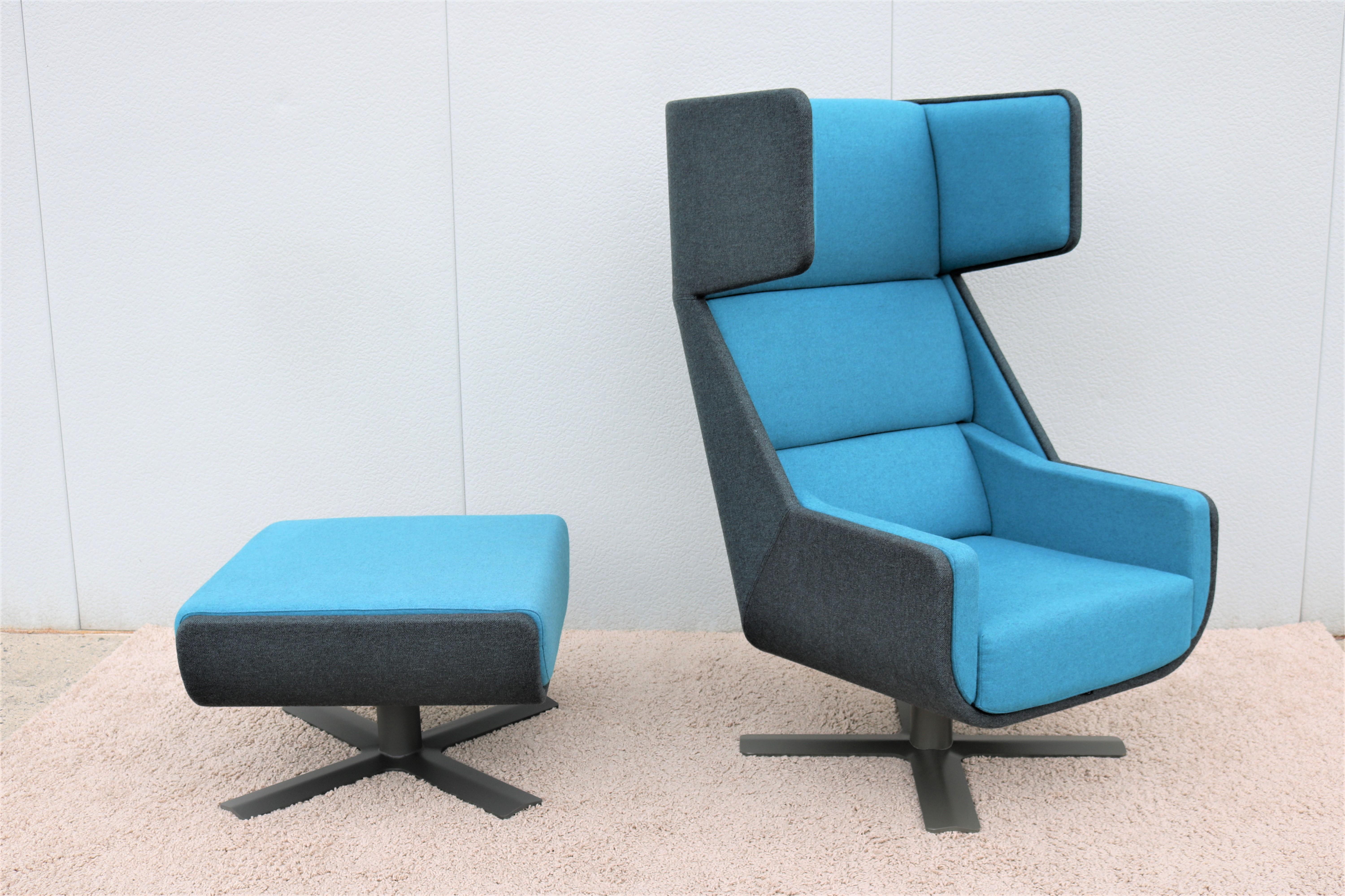 Metal Modern Axel Enthoven for BuzziSpace Blue BuzziMe Swivel Lounge Chair and Ottoman For Sale