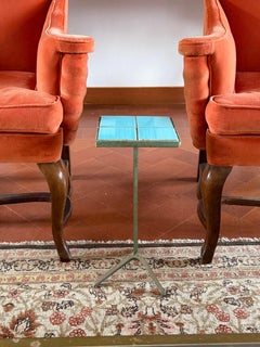 Modern azure iron and tiles side table, France 1960s