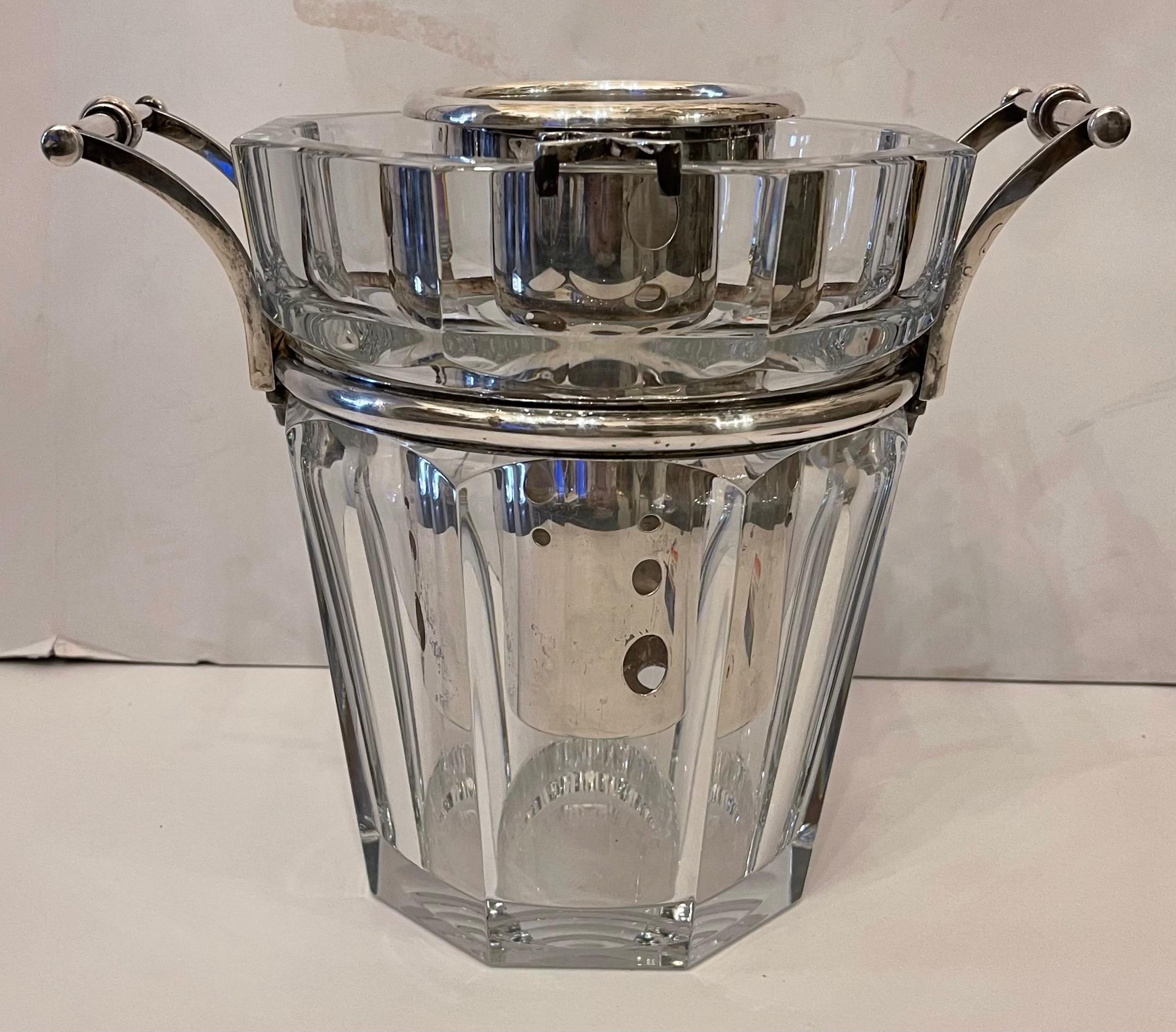 A modern Baccarat Moulin rouge / harcourt crystal champagne cooler ice bucket, with acid-etched maker's mark to underside, 
The octagonal tapering clear crystal is mounted with polished nickel / silver plated handles. The handles may be removed as