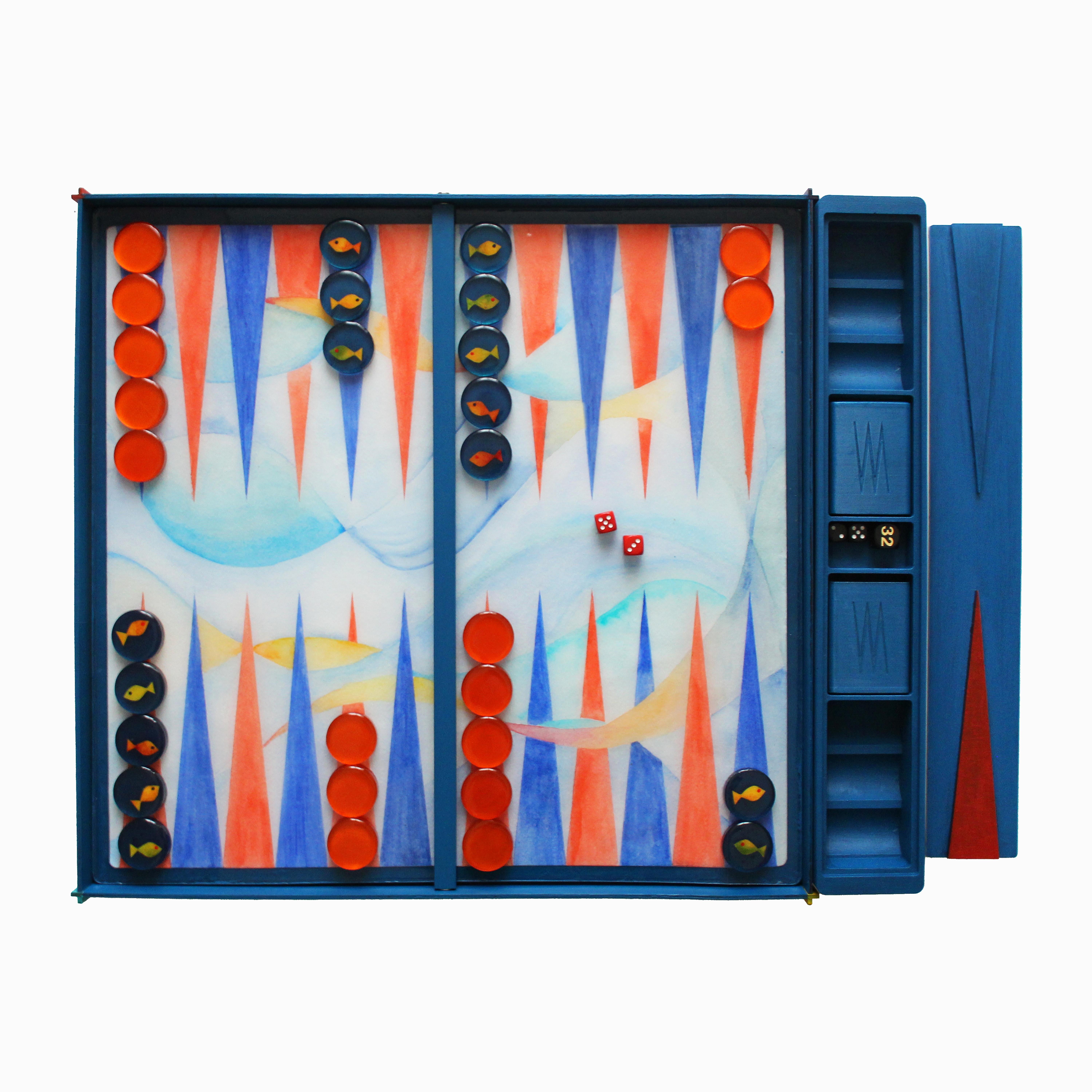 La planche de backgammon est une collection limitée (100 pièces) faite à la main et conçue par la jeune milanaise Valeria Molinari pour Dilmos Edizioni. Le projet, composé de quatre planches inspirées des éléments de l'eau, de l'air, du feu et de la