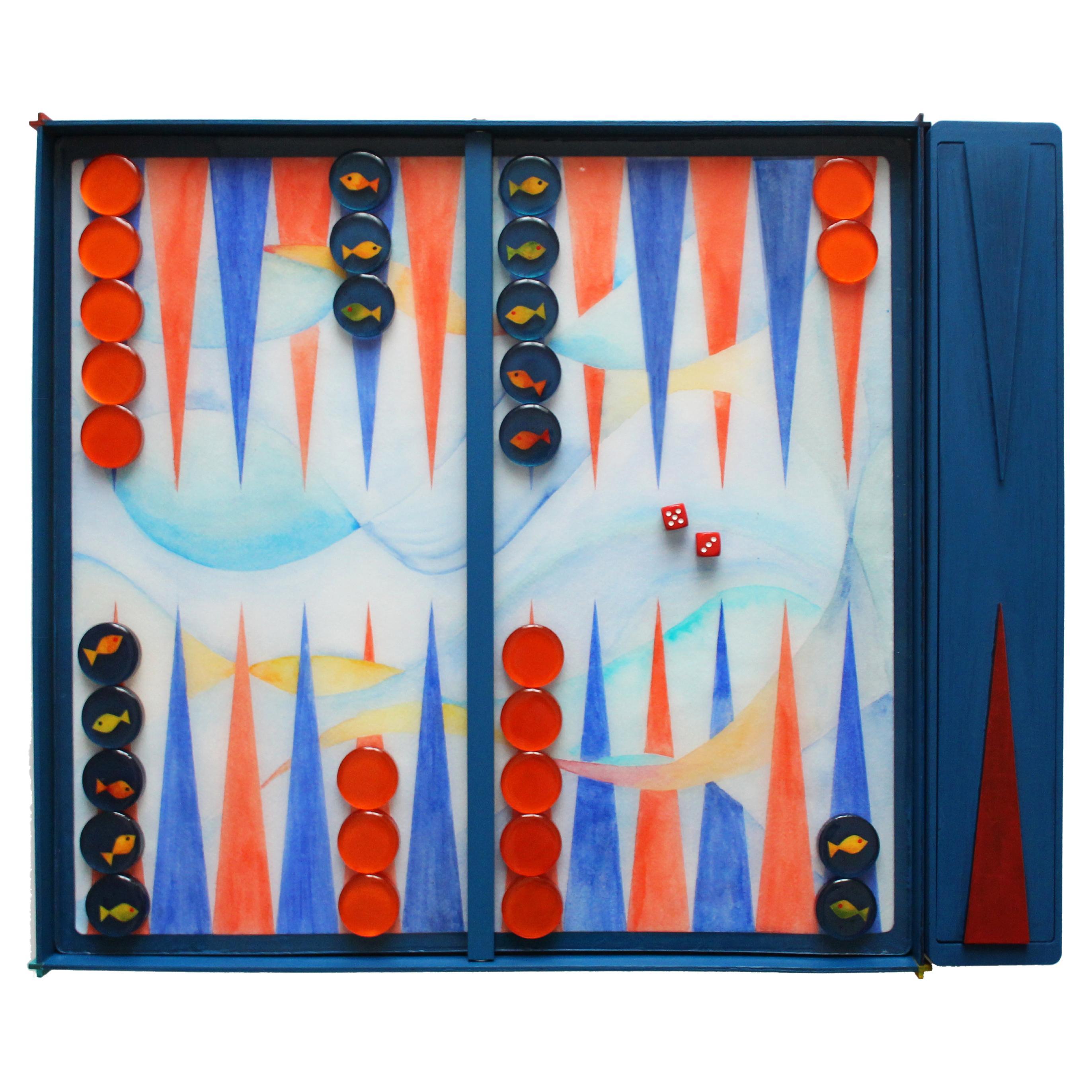 Gioco da tavolo Backgammon moderno fatto a mano in resina epossidica e dipinto a mano in edizione limitata
