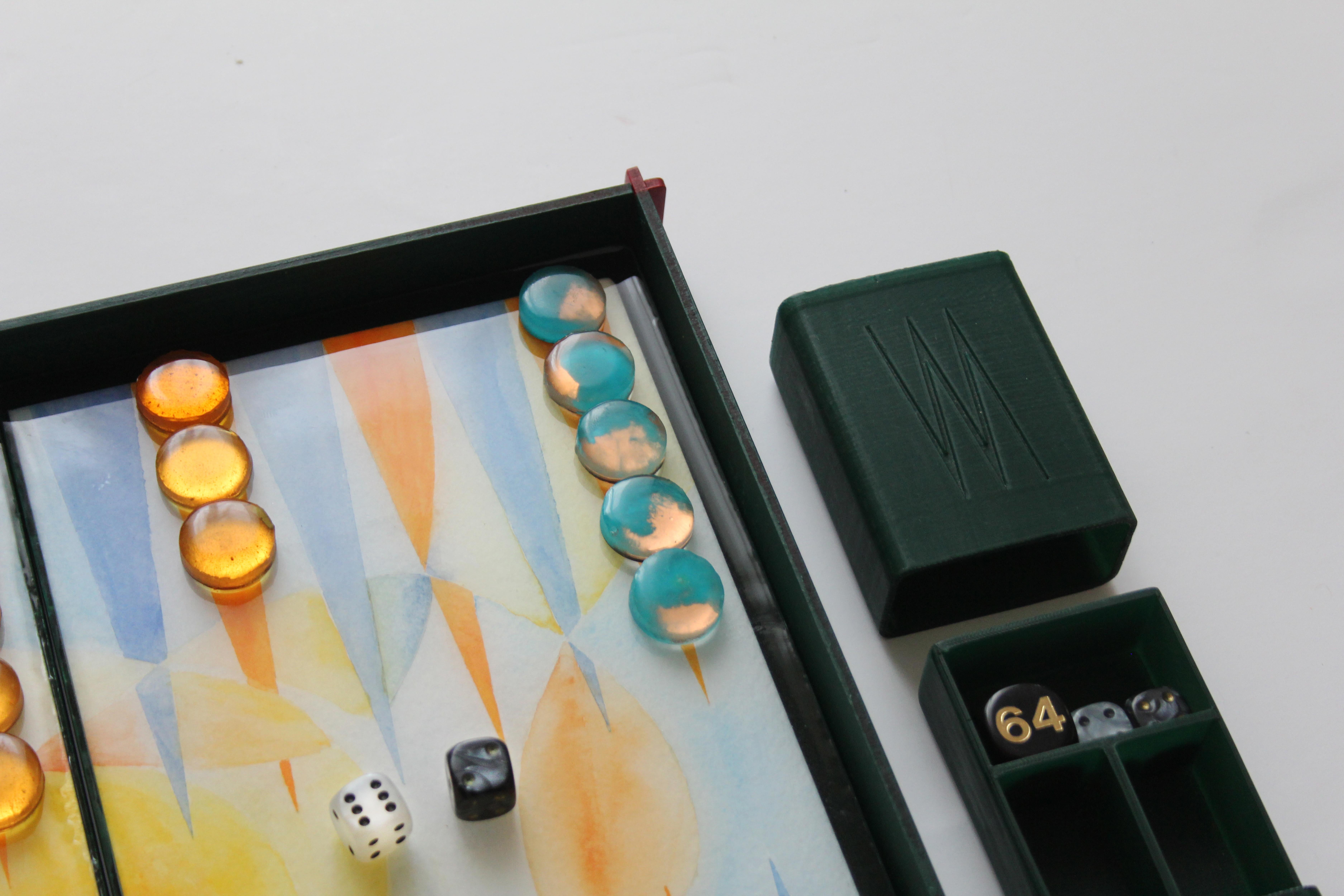 Hand-Painted Modern Backgammon Travel Game Handmade Epoxy Resin Handpainted Limited Edition For Sale