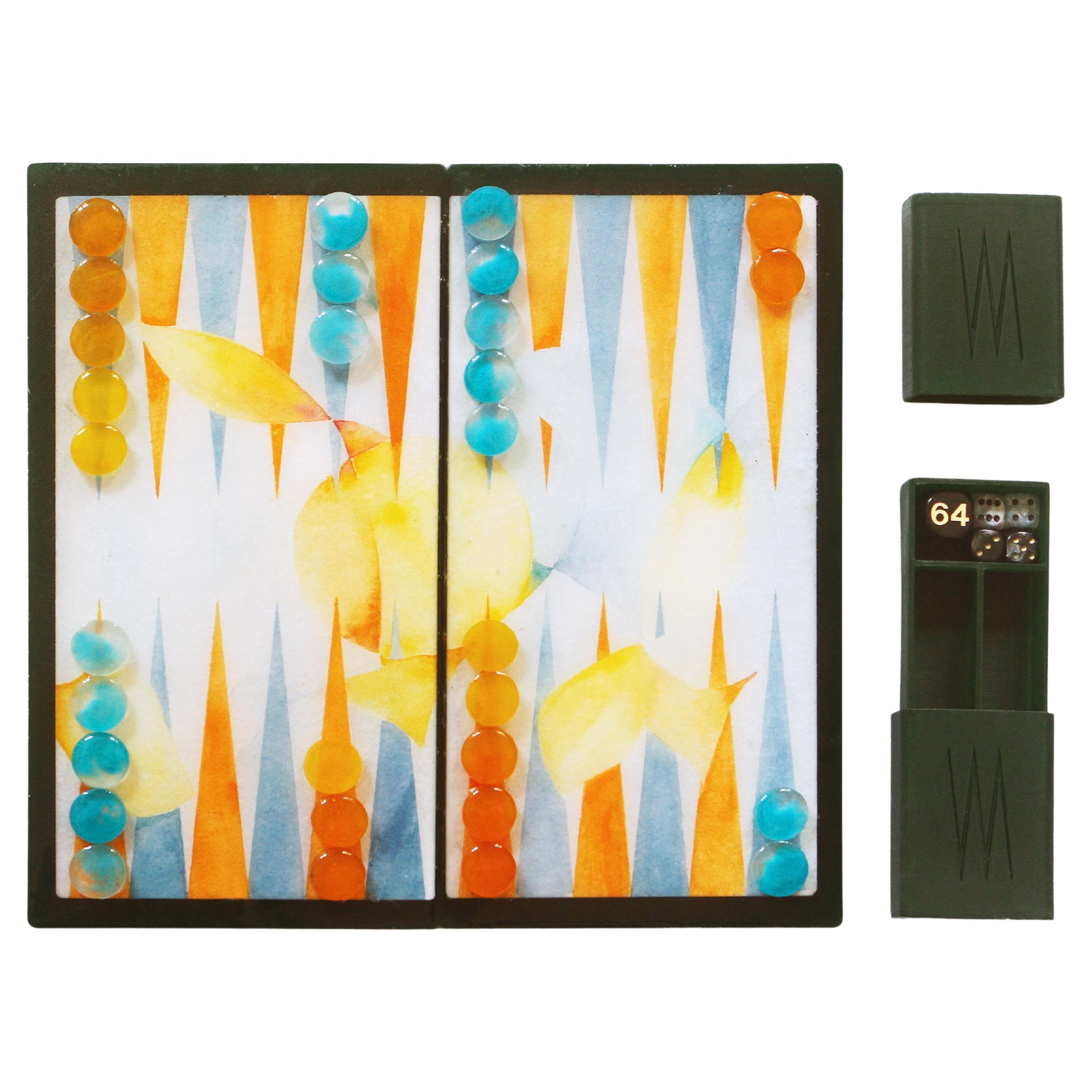 Modern Backgammon Travel Game Handmade Epoxy Resin Handpainted Limited Edition For Sale at 1stDibs
