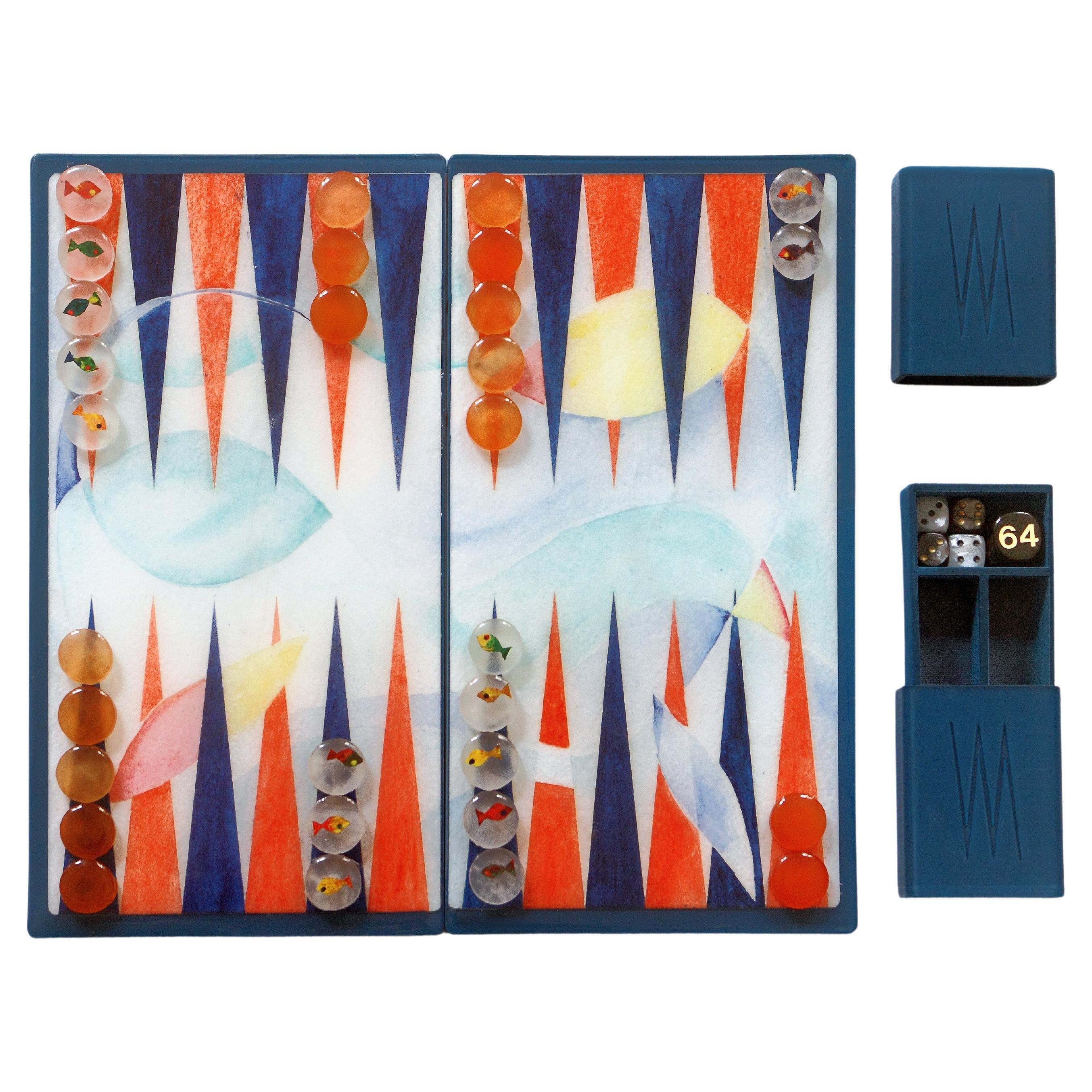 Handgefertigtes modernes Backgammon-Reisespiel aus Epoxidharz, handbemalt, limitierte Auflage