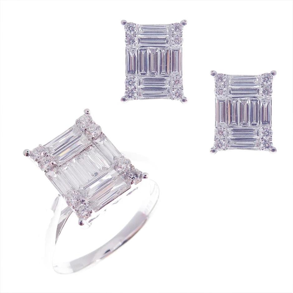 Moderner abstrakter Baguette-Diamant-Ohrring-Ring-Set im Angebot 2