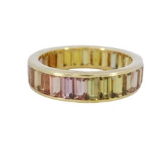 Modern Baguette Eternity Ring 18K Yellow Gold Cut Mixed Gem Stone Size 6.5