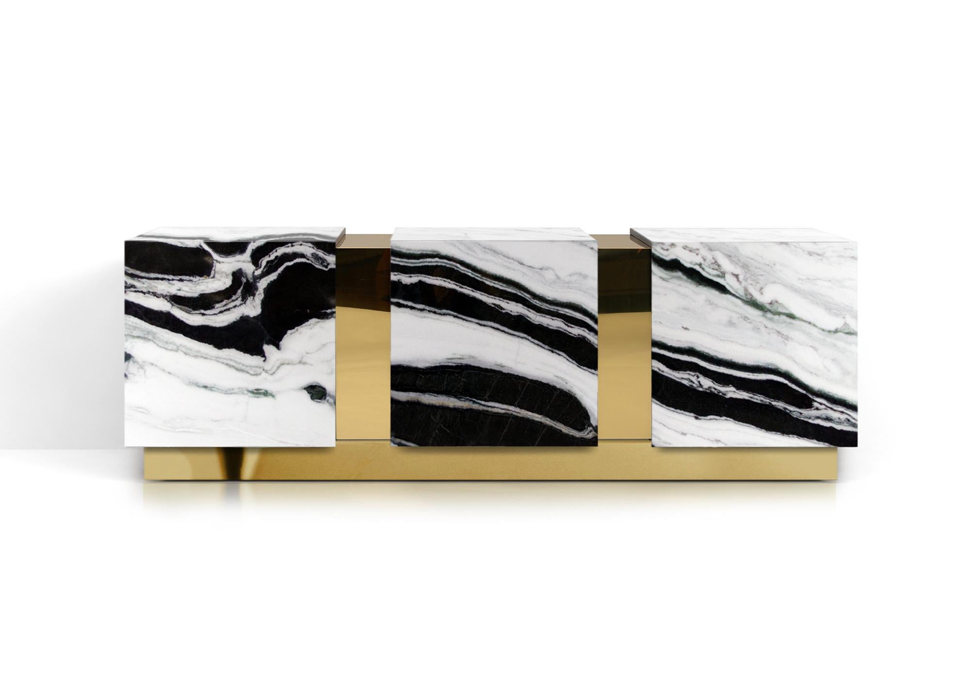 Latvian Modern Baikal Black Marble Polished Brass Sideboard Credenza For Sale