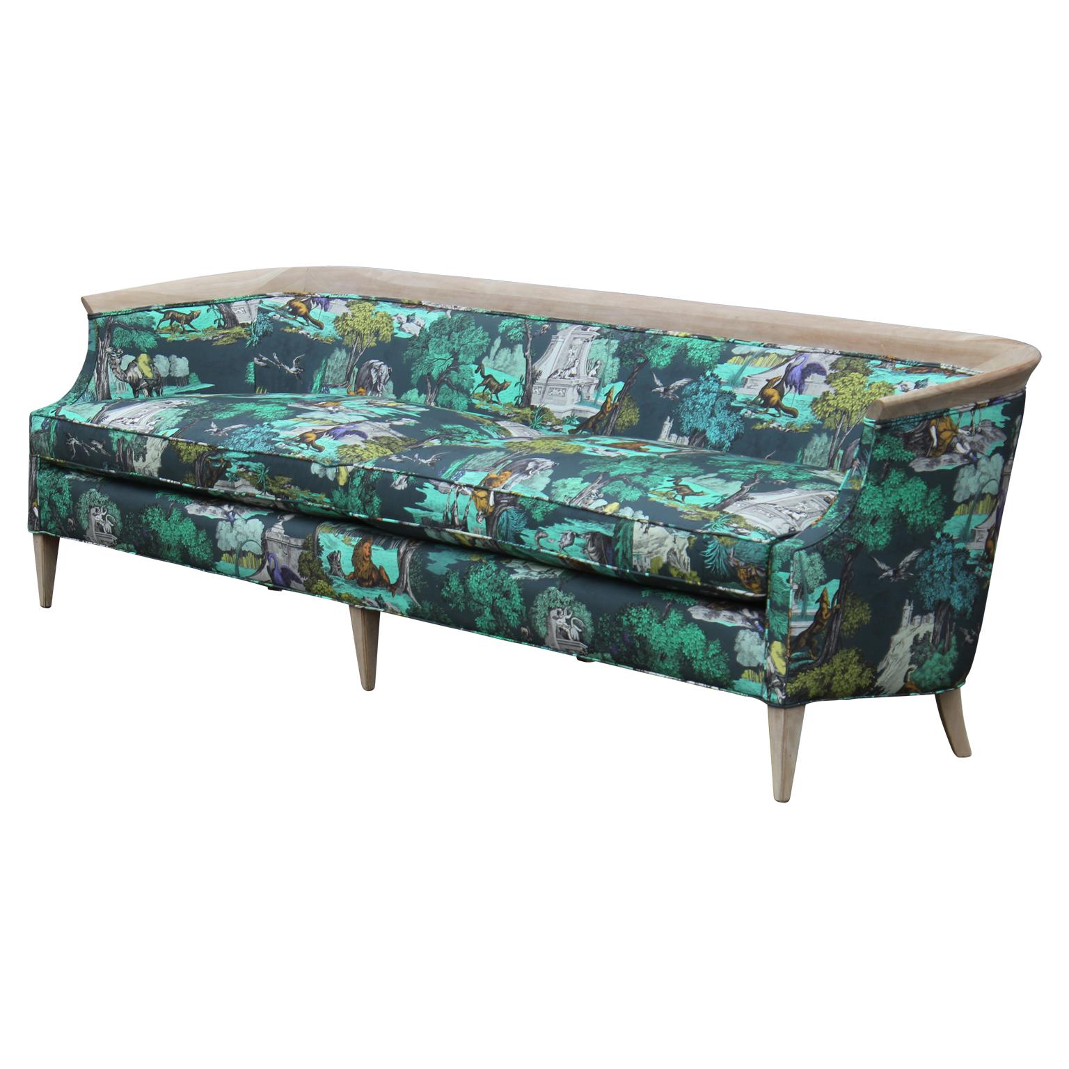 Modern Baker Barrel Back Bleached Mahogany Sofa in Cole & Son "Icons" Fabric