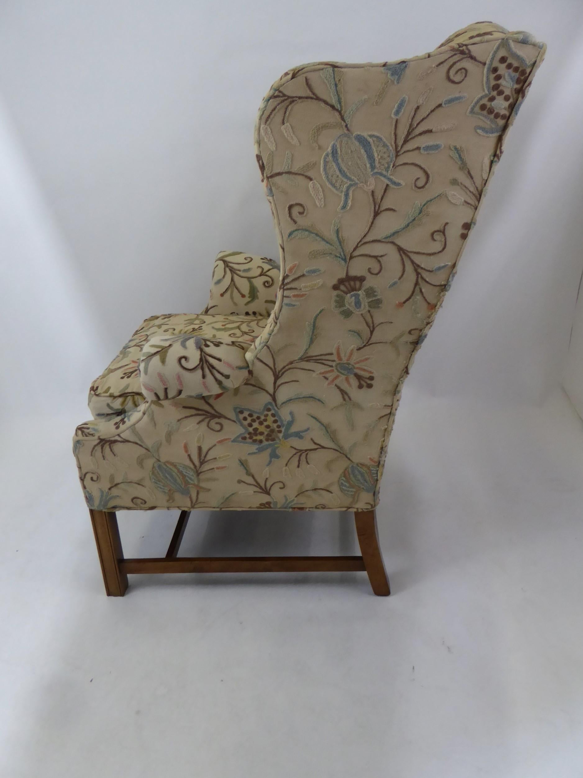 Modern Baker Chippendale Style Wingchair Crewel Stitched Fabric, 1950s 4