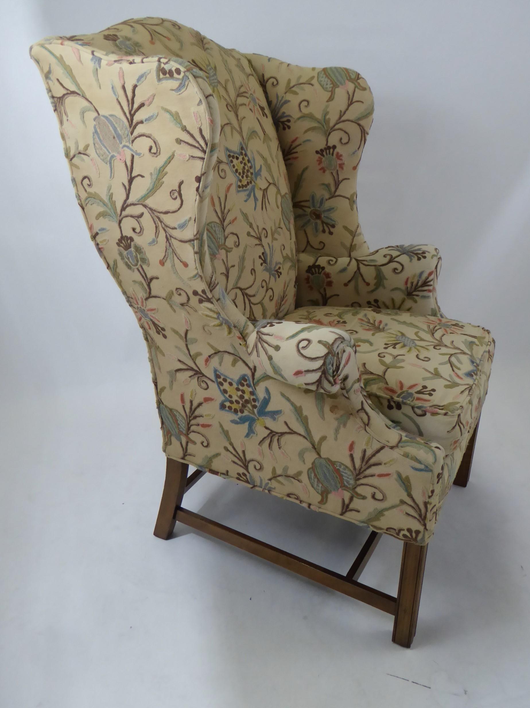 Modern Baker Chippendale Style Wingchair Crewel Stitched Fabric, 1950s In Good Condition In Miami, FL