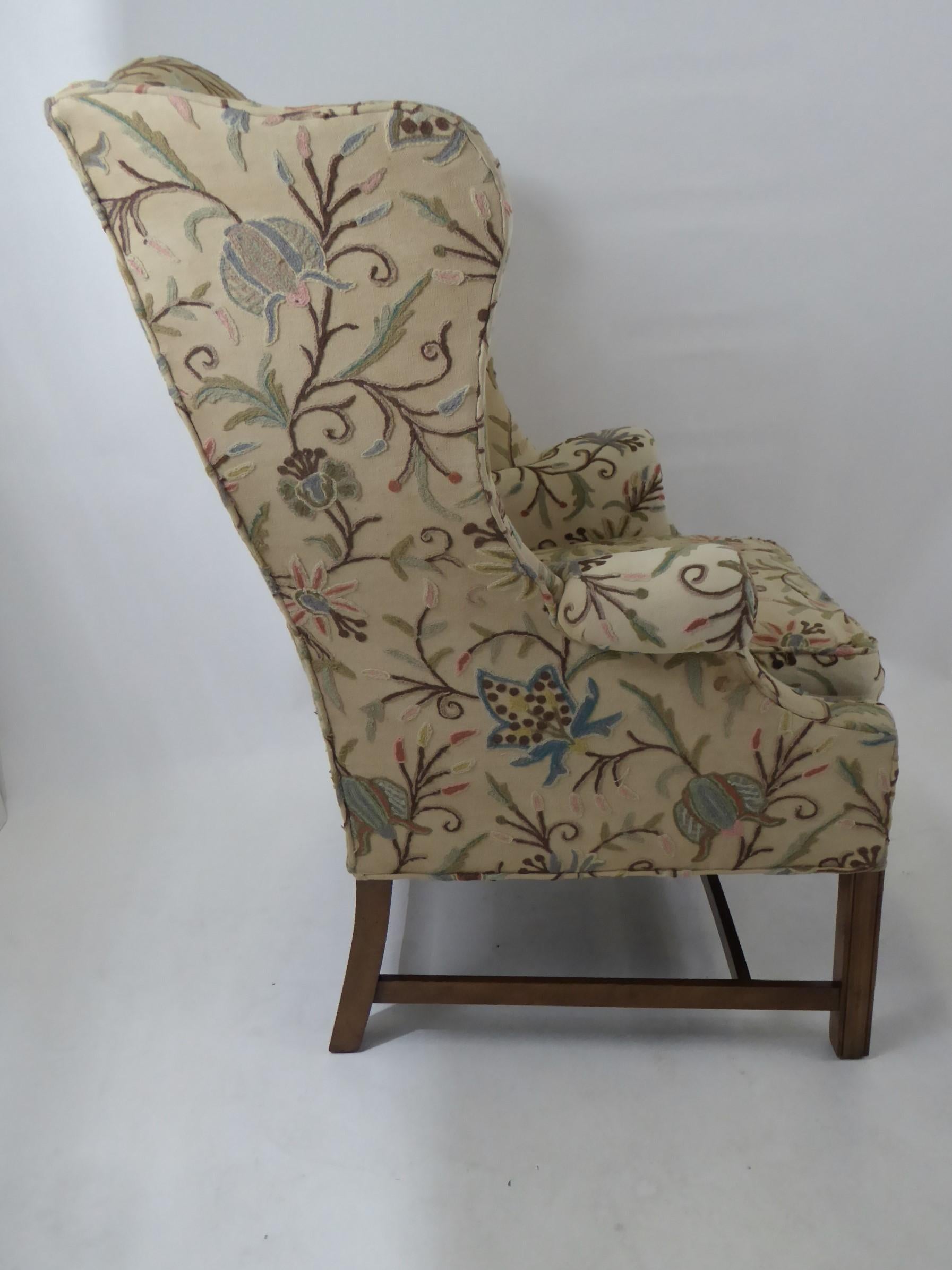 Mid-20th Century Modern Baker Chippendale Style Wingchair Crewel Stitched Fabric, 1950s