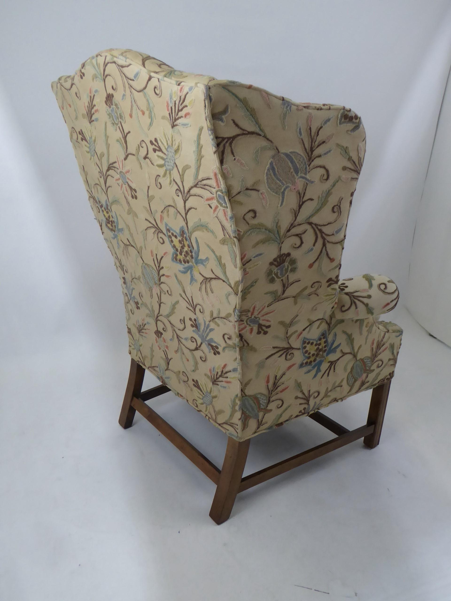 Modern Baker Chippendale Style Wingchair Crewel Stitched Fabric, 1950s 1