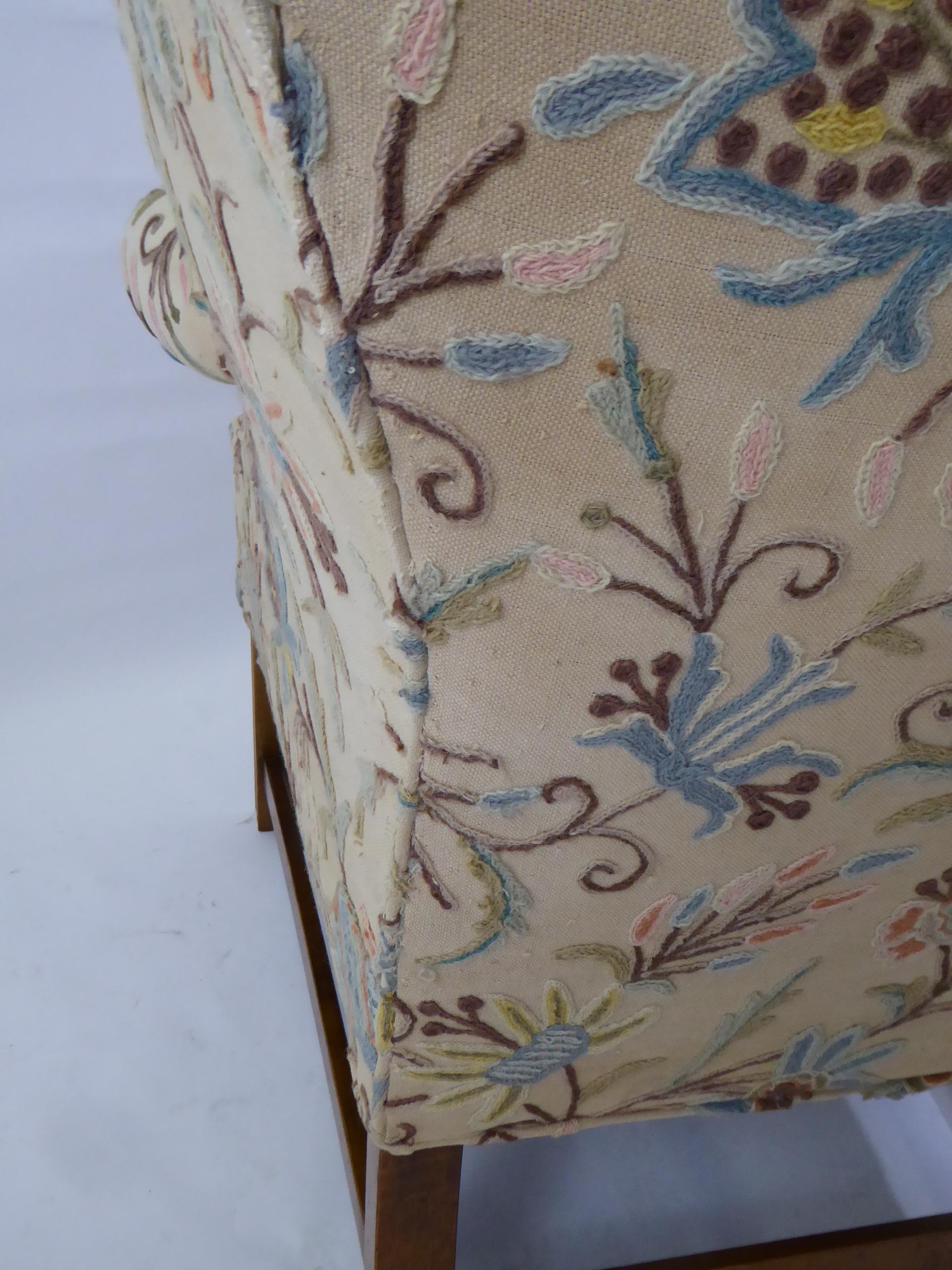 Modern Baker Chippendale Style Wingchair Crewel Stitched Fabric, 1950s 2