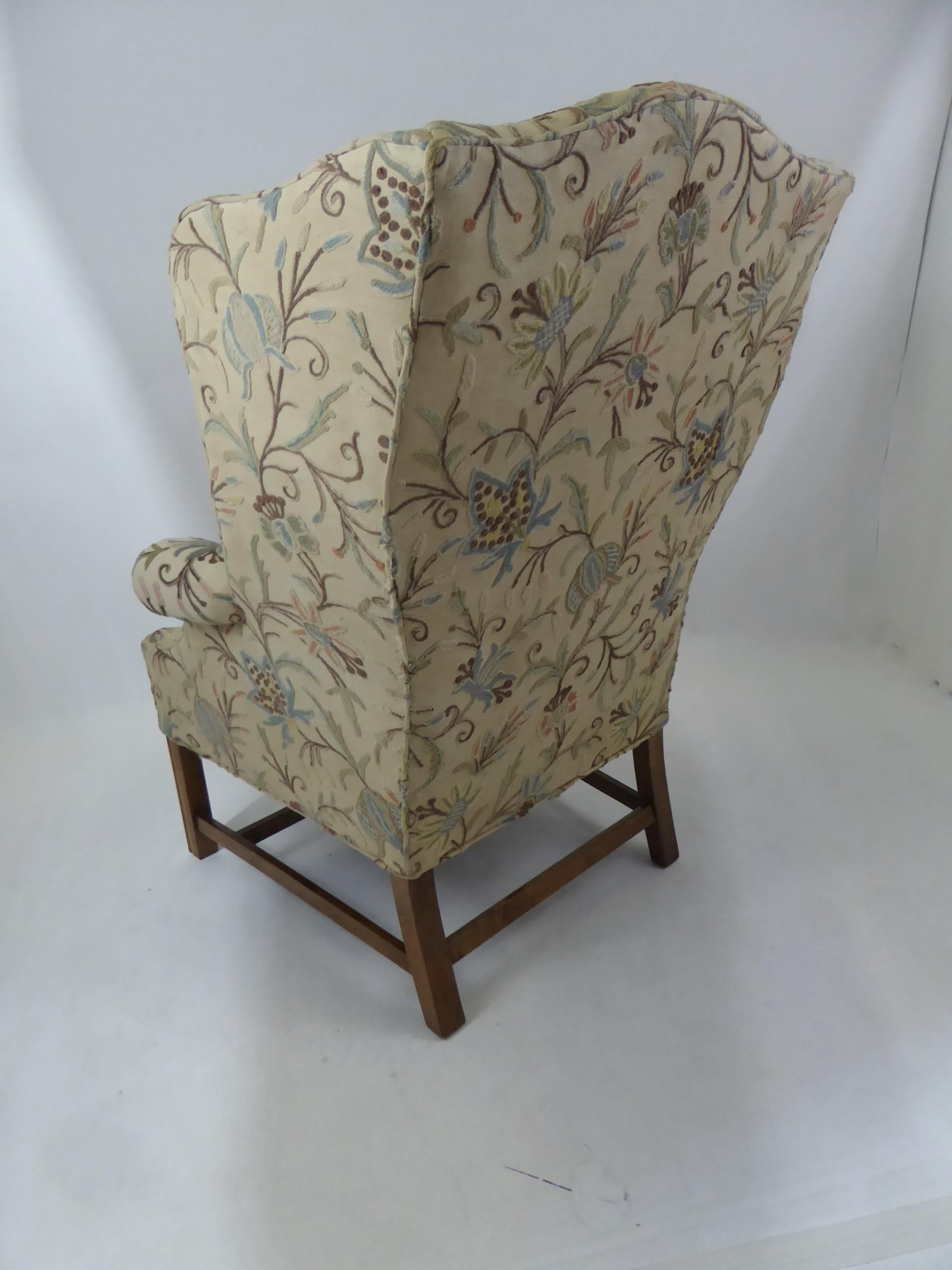 Modern Baker Chippendale Style Wingchair Crewel Stitched Fabric, 1950s 3