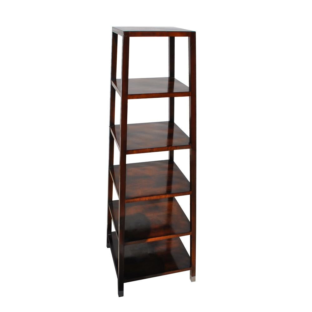 Baker Milling Road etagere 
2000s 


An obelisk-shaped etagere with rich expresso tones and nickel feet. Six shelves. Made in Italy. Measures: 6ft.