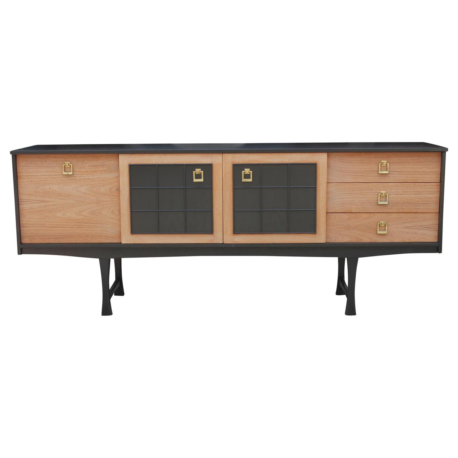 Modern Baker Style Two-Tone Credenza or Sideboard with Brass Hardware