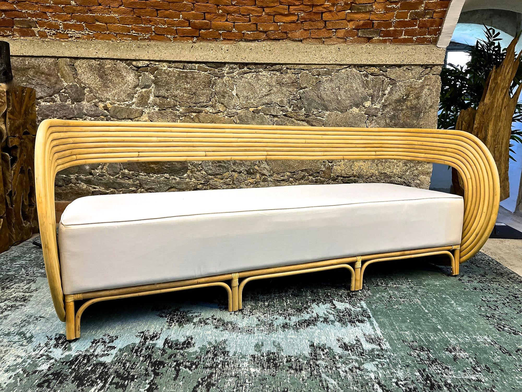 Indonesian Modern Bamboo Bentwood Three Seat Sofa With White Seating Cushion, IDN 2024 For Sale