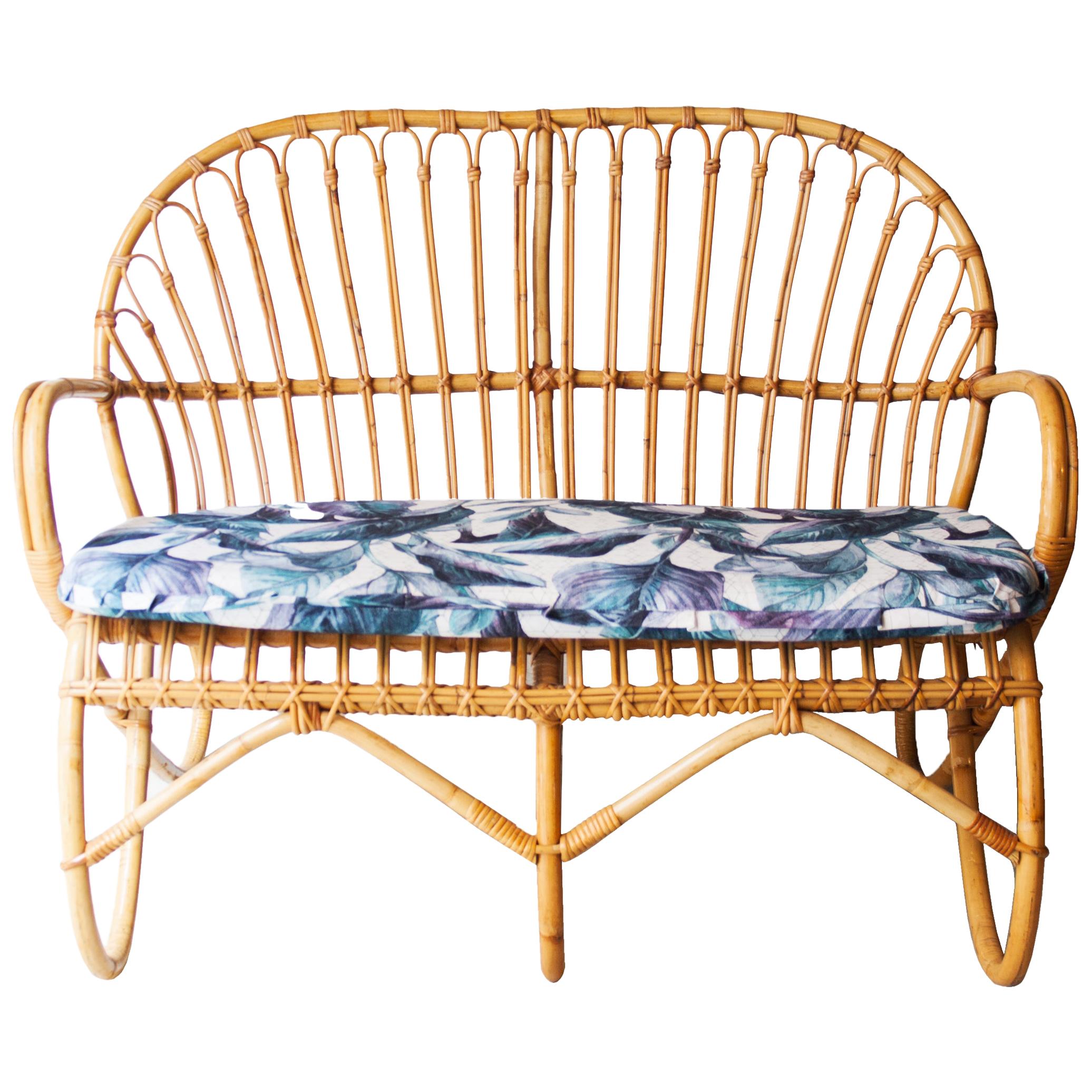 Modern Bamboo White Blue Bank of Two Seats, France, 1970