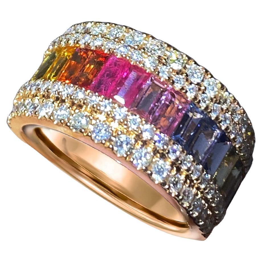 Modern Band Multi Sapphire Diamond Yellow 18K Gold Ring for Her For Sale