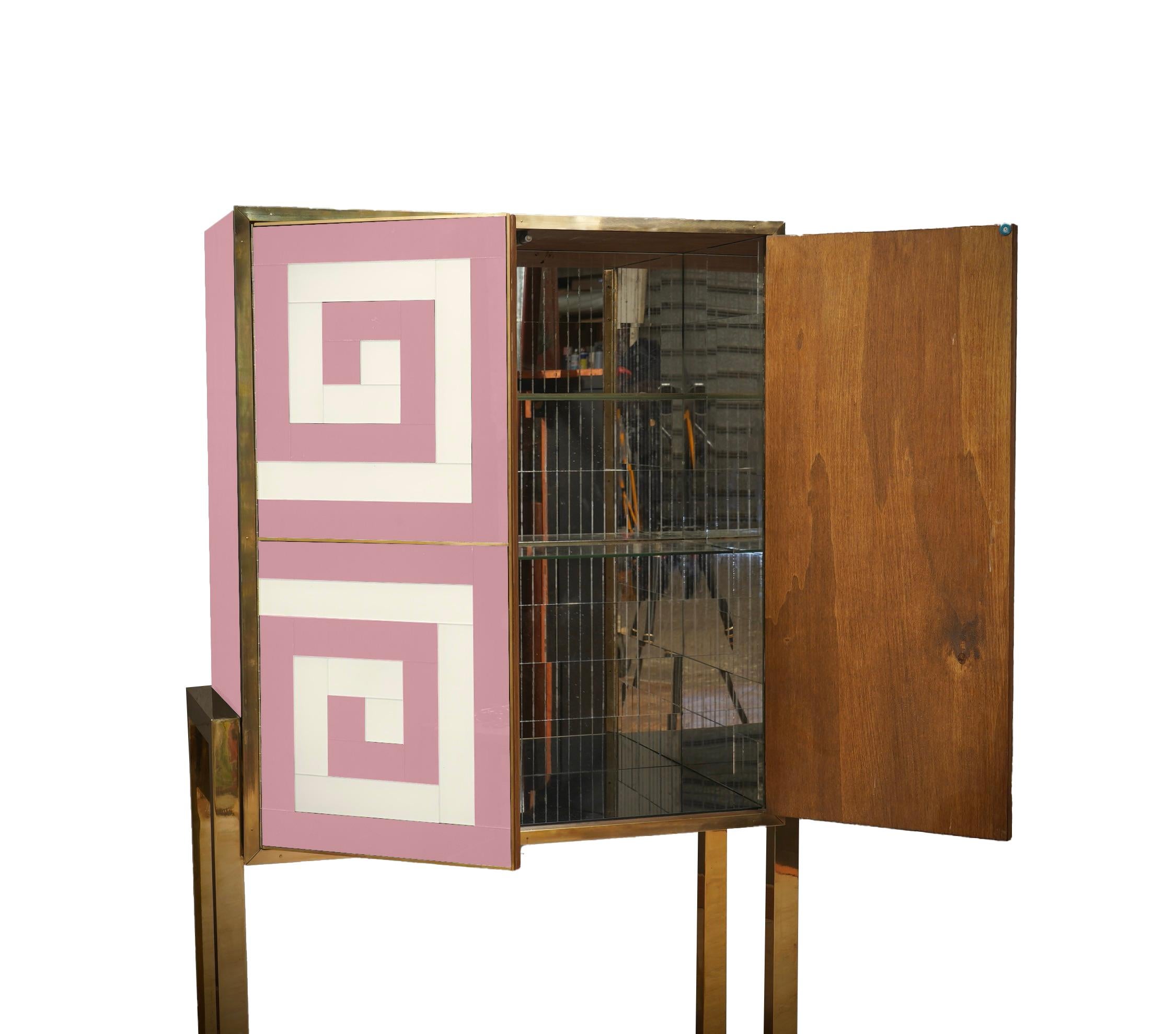Italian Modern Bar Cabinet Murano glass Pink & White with Brass Legs and Trim Available  For Sale