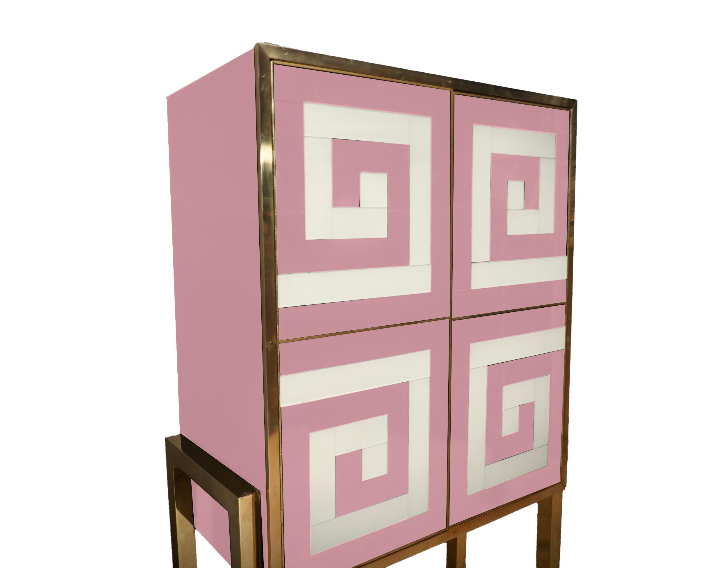 Hand-Carved Modern Bar Cabinet Murano glass Pink & White with Brass Legs and Trim Available  For Sale