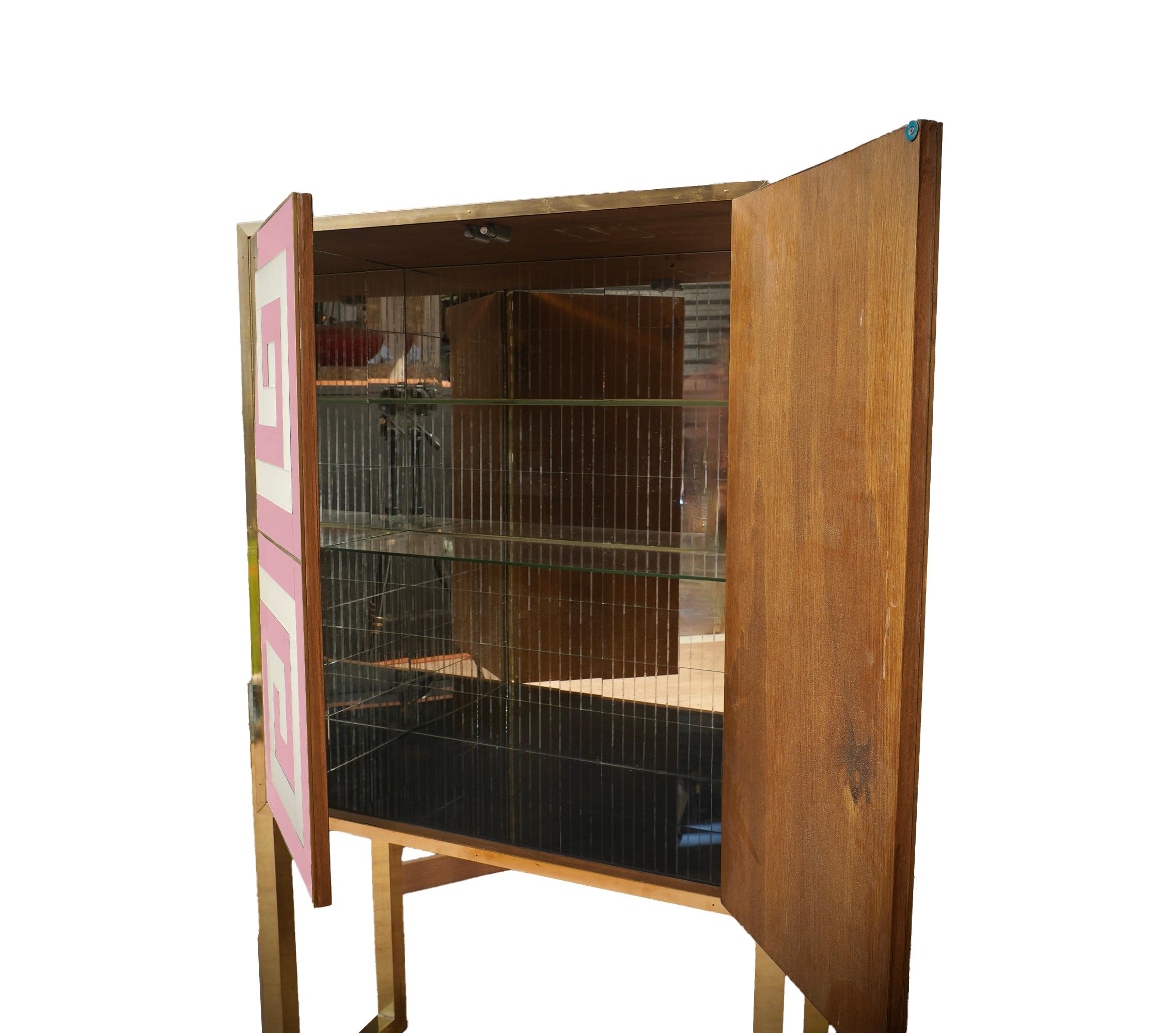 Contemporary Modern Bar Cabinet Murano glass Pink & White with Brass Legs and Trim Available  For Sale