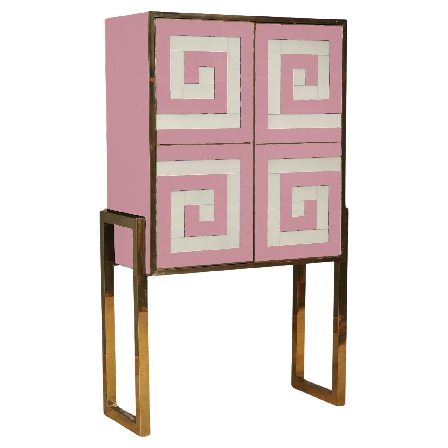 Modern Bar Cabinet Murano glass Pink & White with Brass Legs and Trim Available 