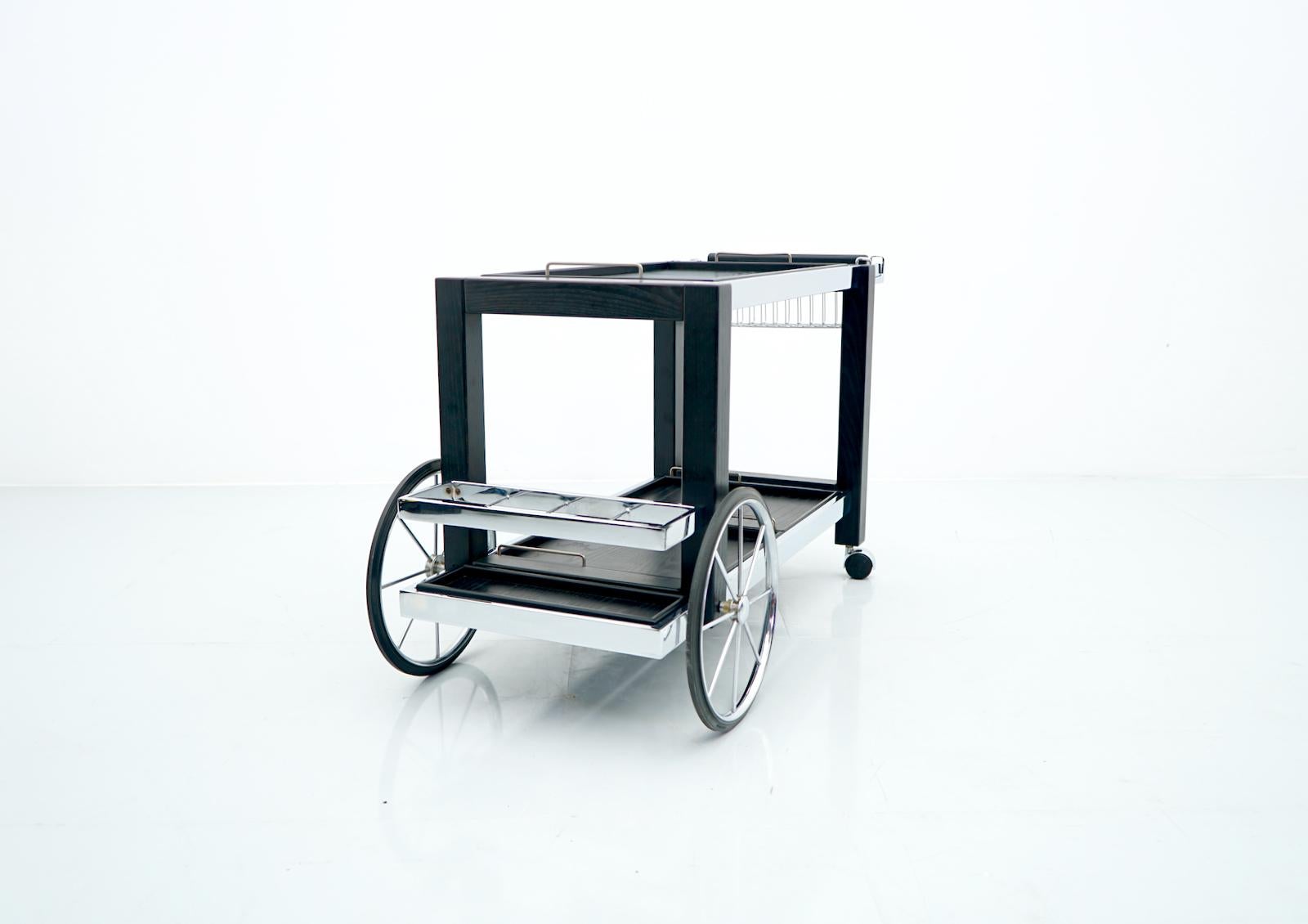 French Modern Bar Cart in Chrome and Black Wood, France, 1980s