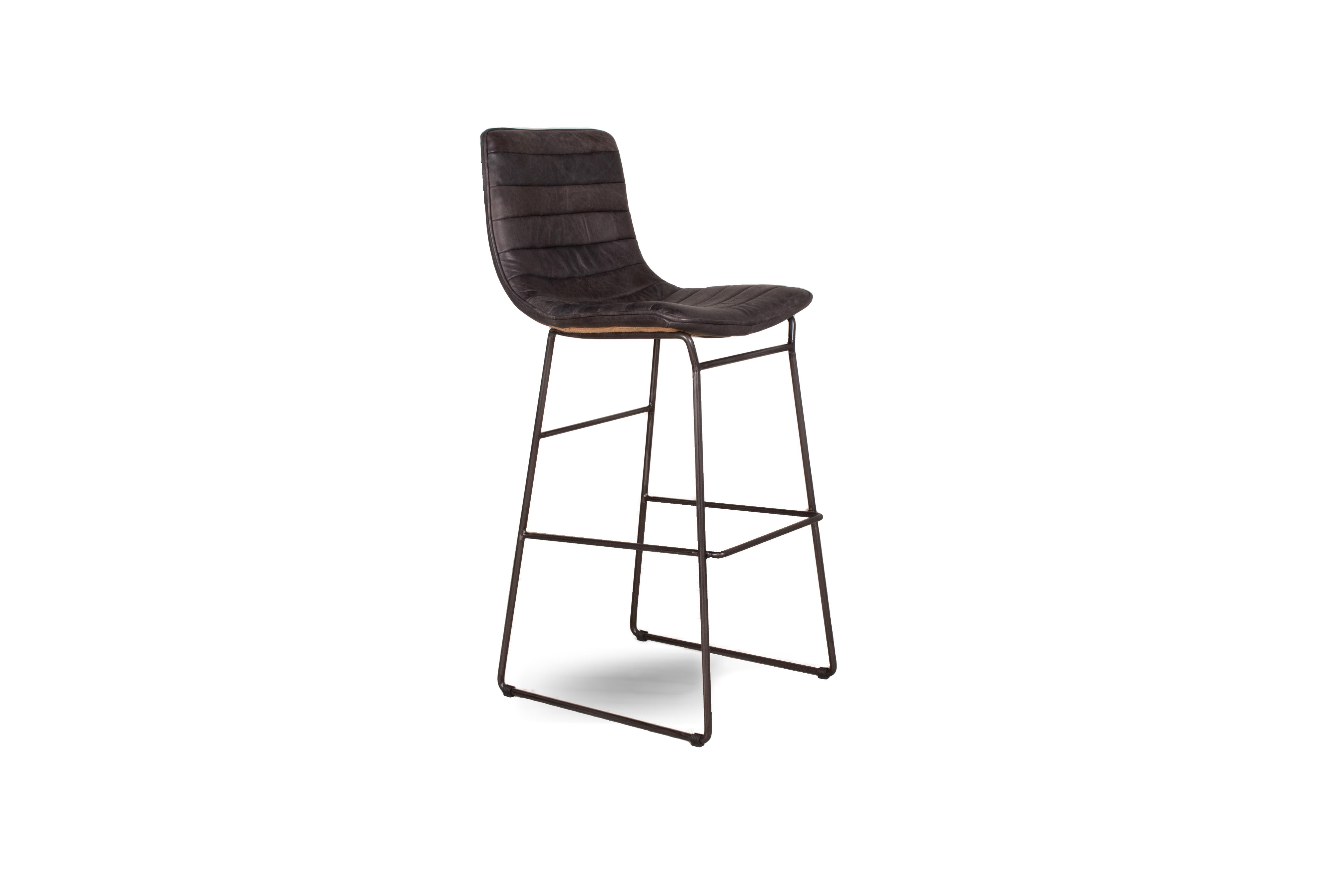 Modern Bar Chair in Channeled Leather with Steel Base In Good Condition For Sale In Dallas, TX