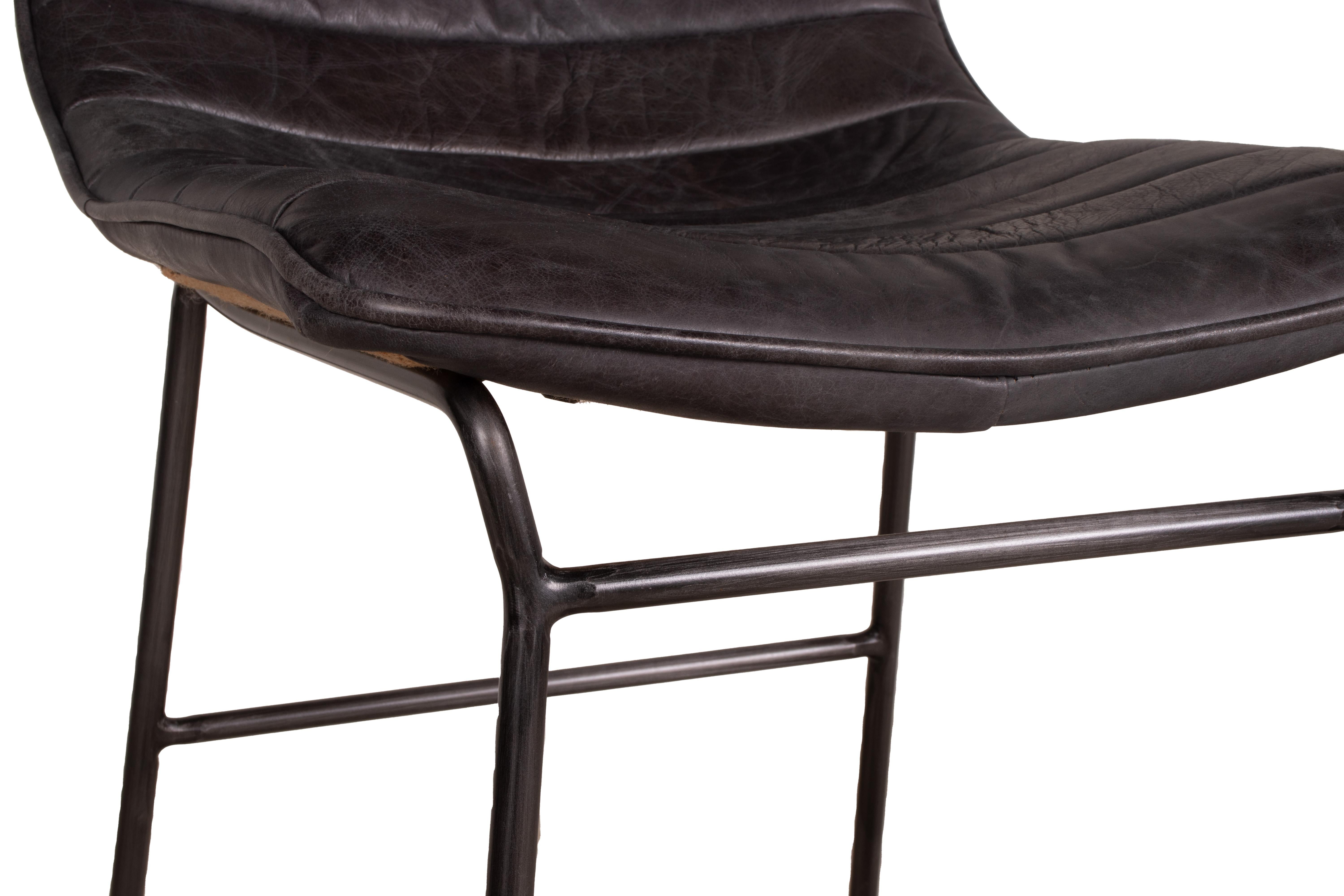 Contemporary Modern Bar Chair in Channeled Leather with Steel Base For Sale