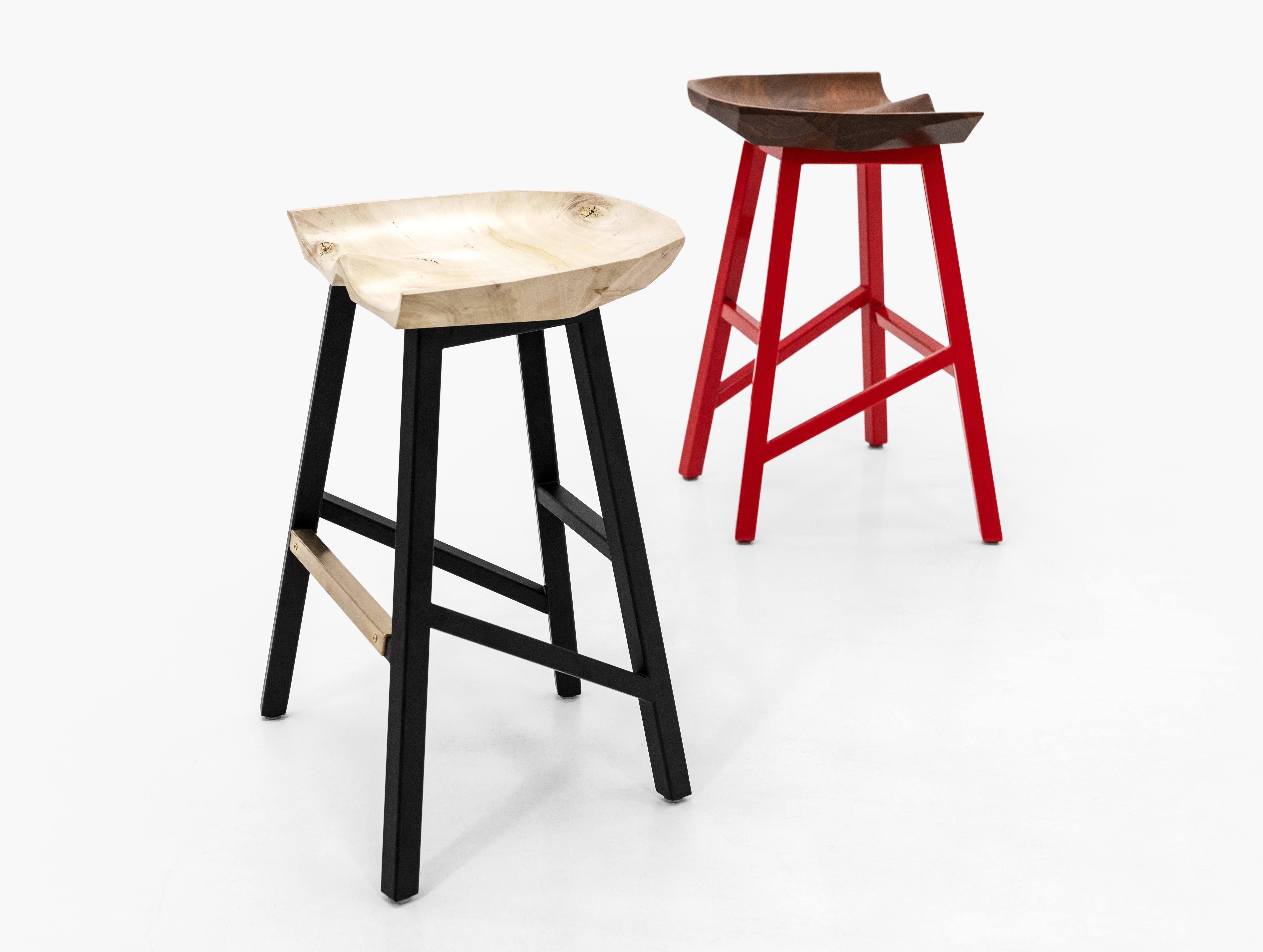 Contemporary Modern Bar Counter Stool in Wood with Brass by Goebel For Sale