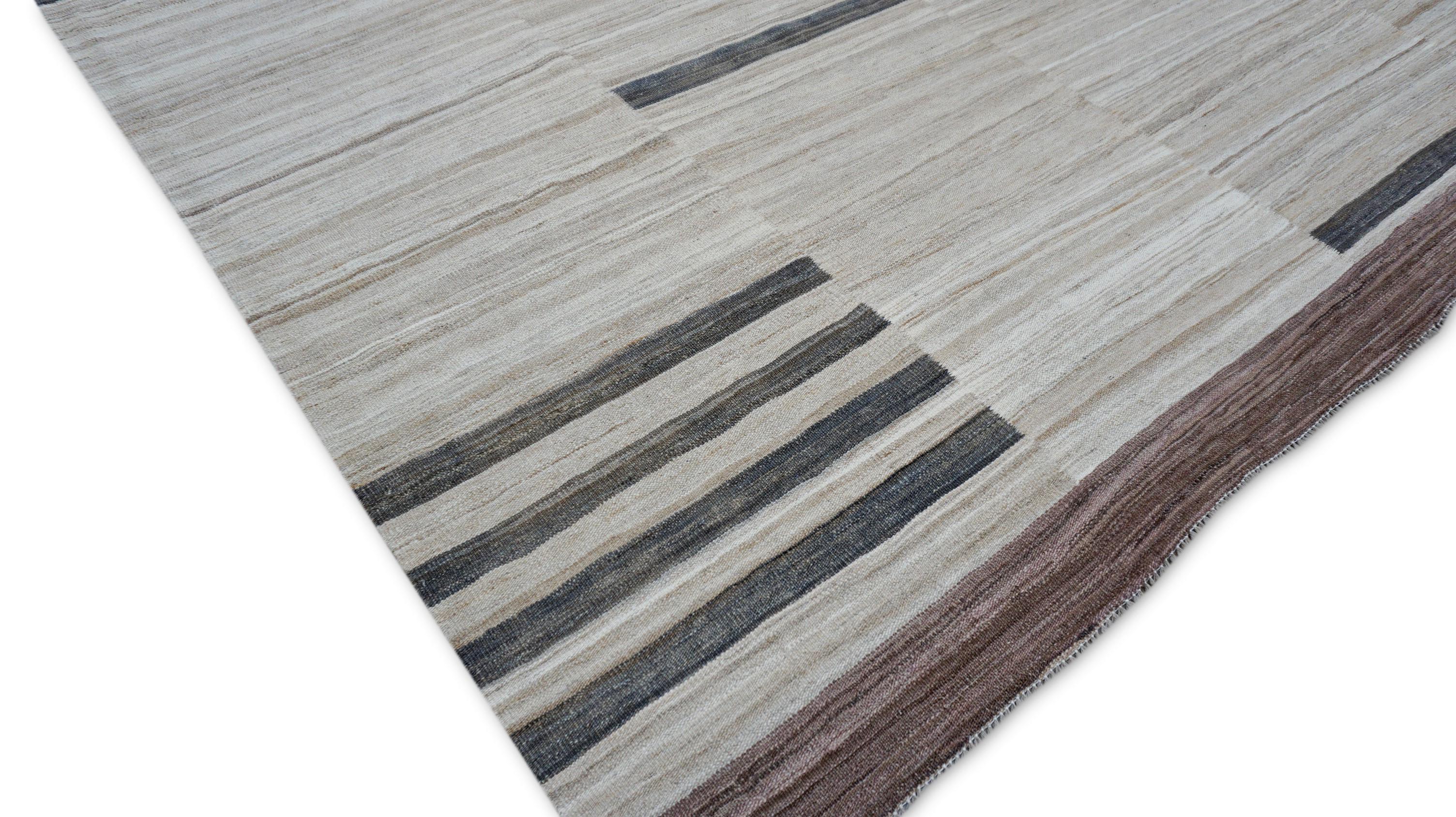 The Moderns Kilim en laine ivoire et Brown 8'4''x10'6'' en vente 2