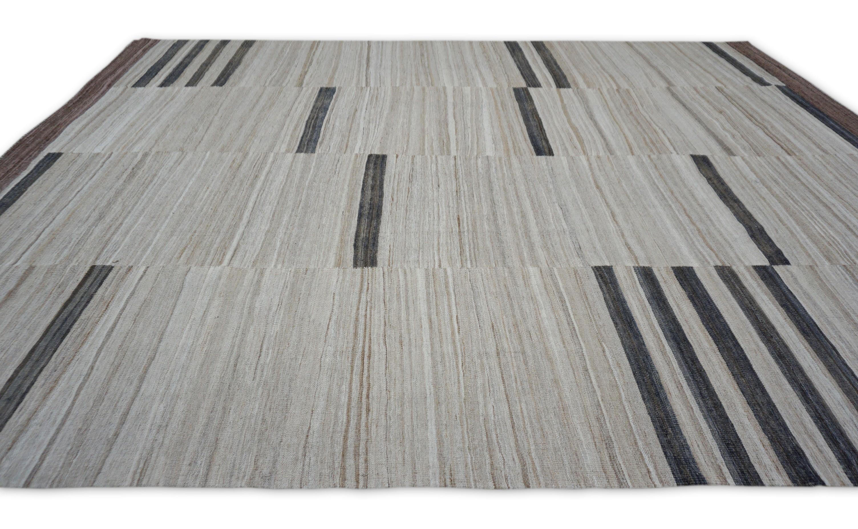 Pakistanais The Moderns Kilim en laine ivoire et Brown 8'4''x10'6'' en vente