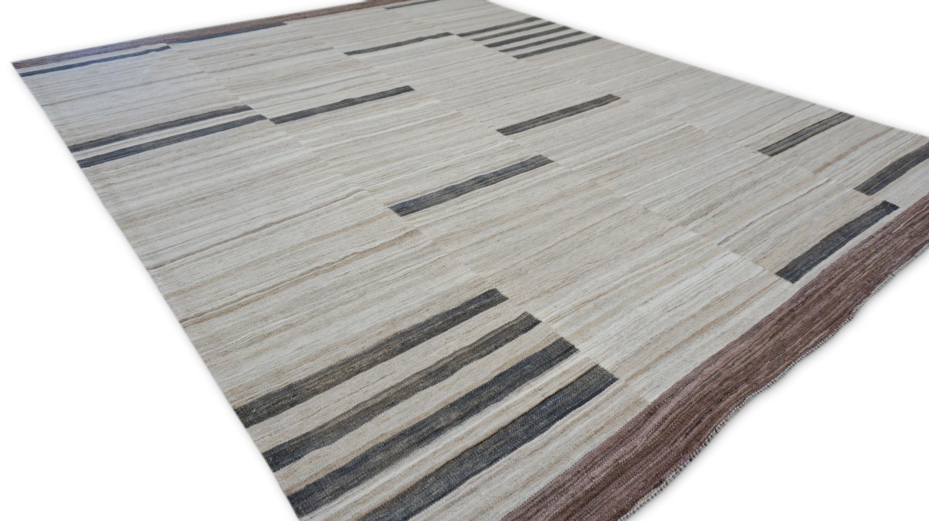 The Moderns Kilim en laine ivoire et Brown 8'4''x10'6'' en vente 1