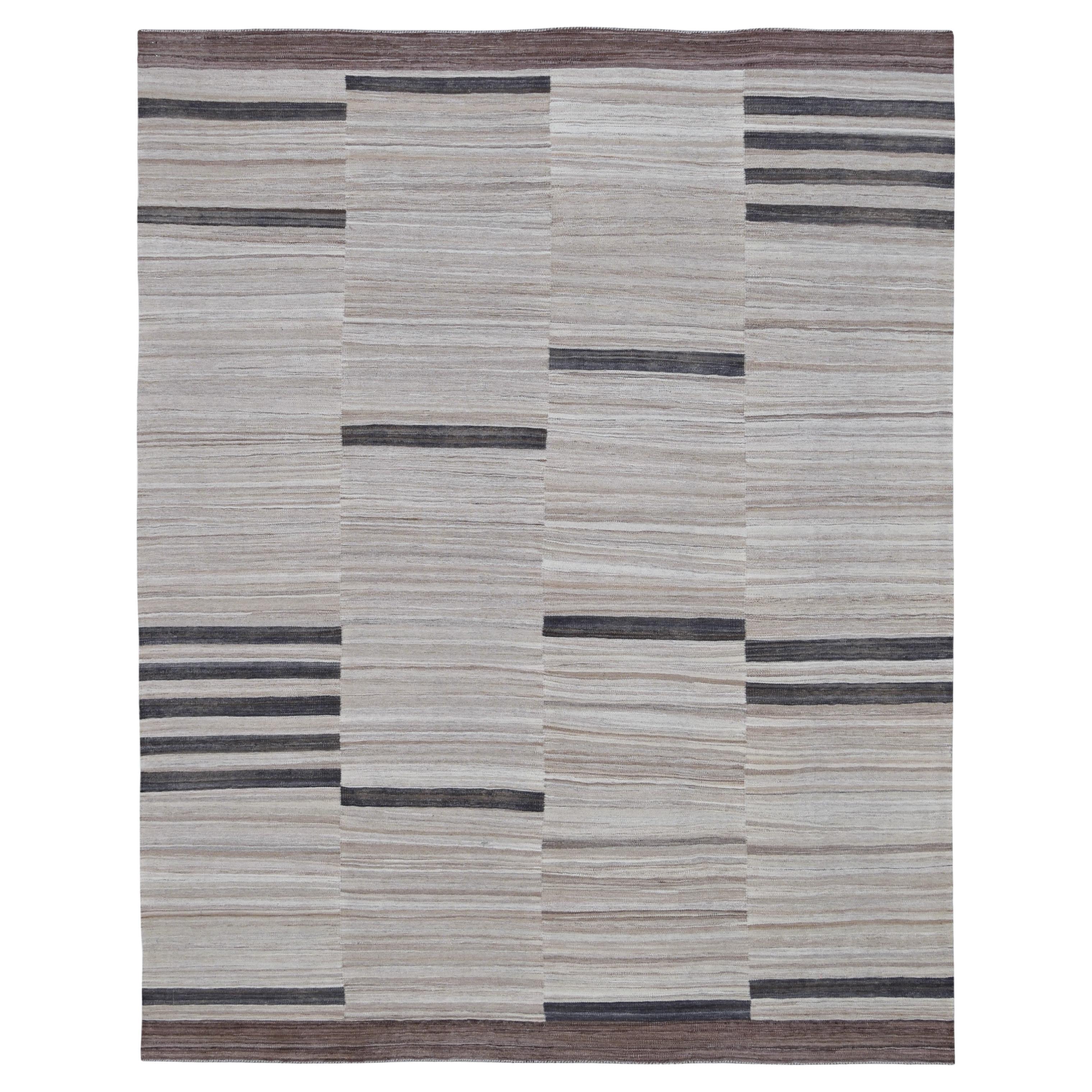 Modern Bar Ivory and Brown Wool Kilim 8'4''x10'6''