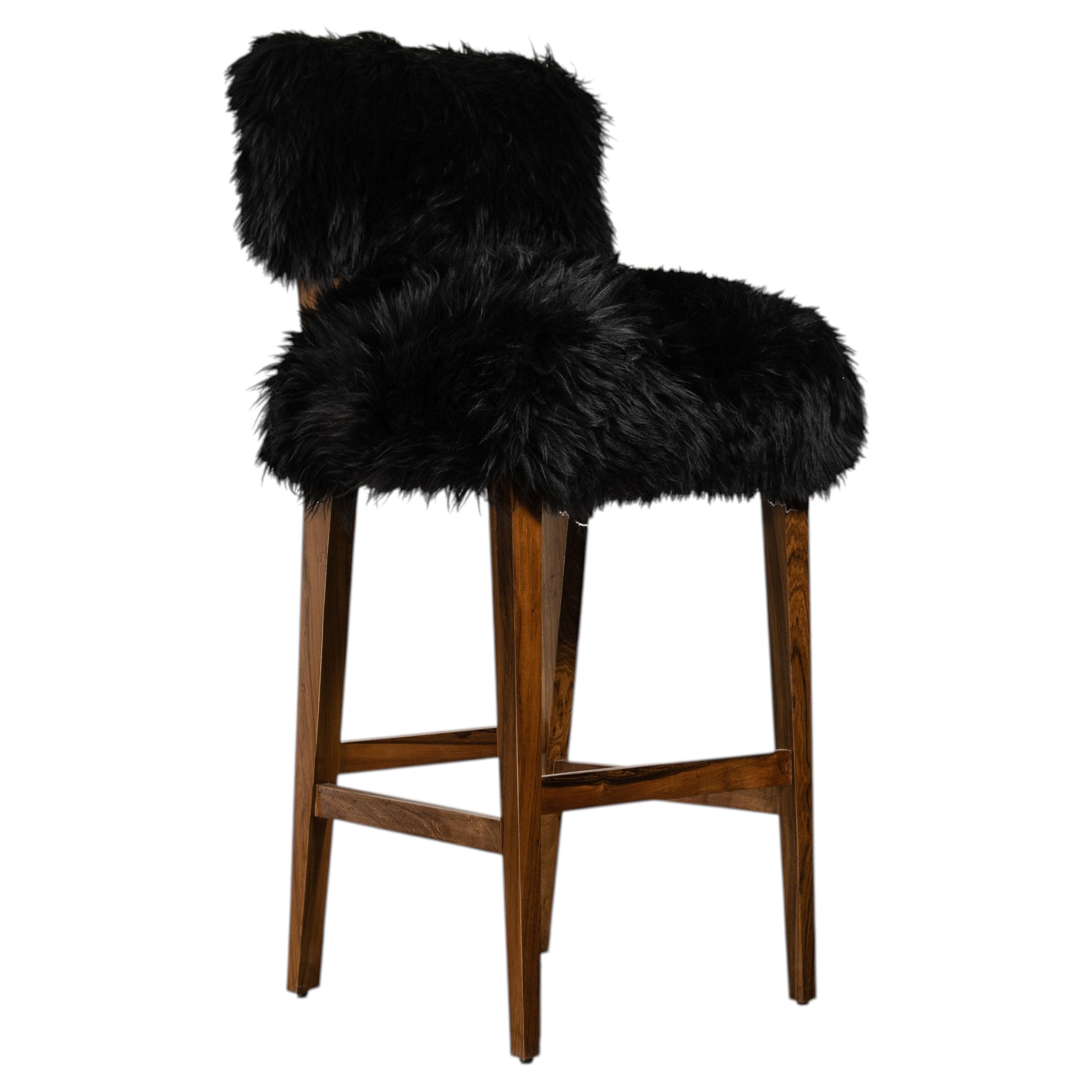 Modern Bar Stool in Solid Wood and Black Sheepskin by Costantini, Bruno IN STOCK For Sale