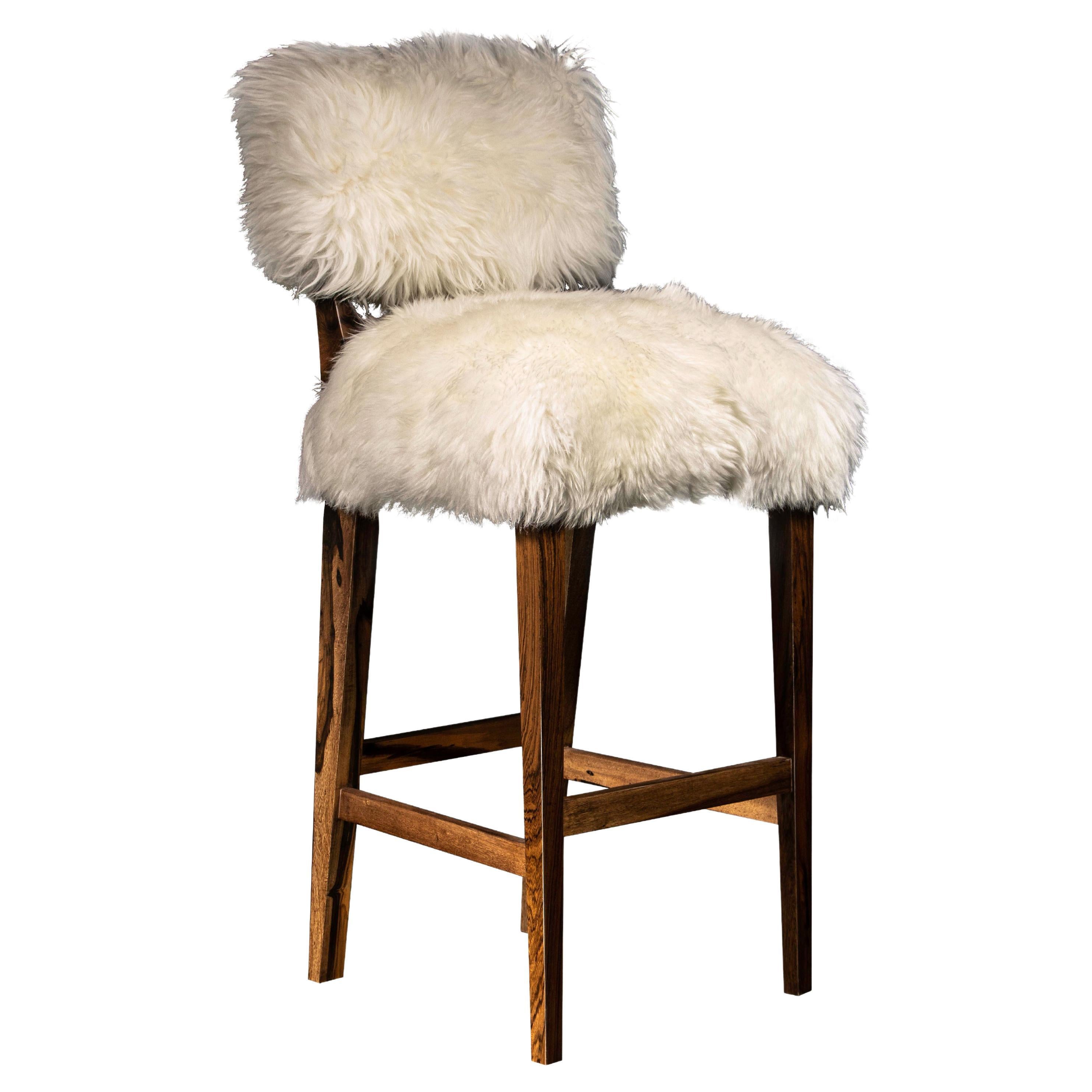 Modern Bar Stool in Exotic Wood and Sheepskin from Costantini, Bruno Ovino