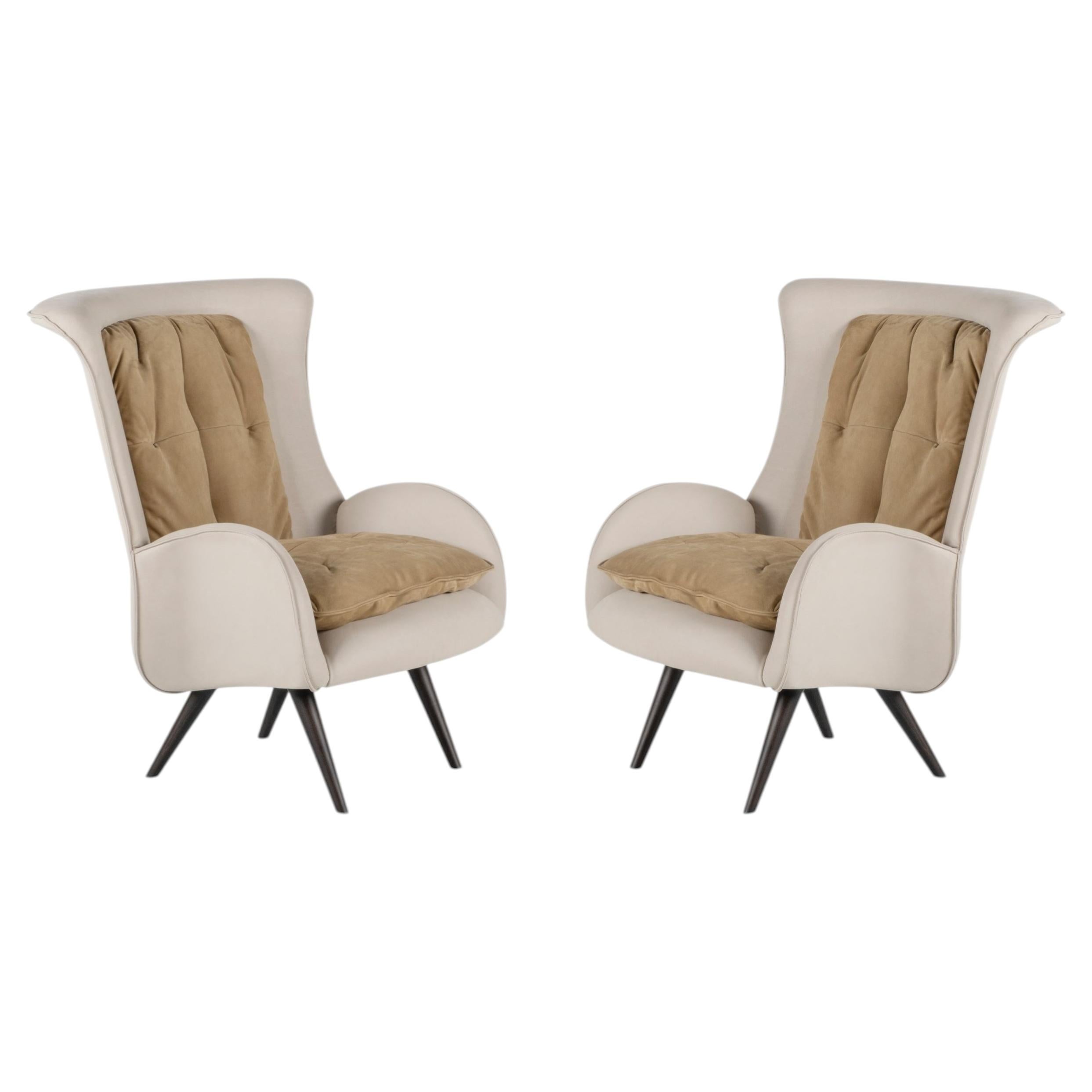 Modern Barao Leather Lounge Chair Set of 2, Beige Nubuck, Handmade by Greenapple For Sale