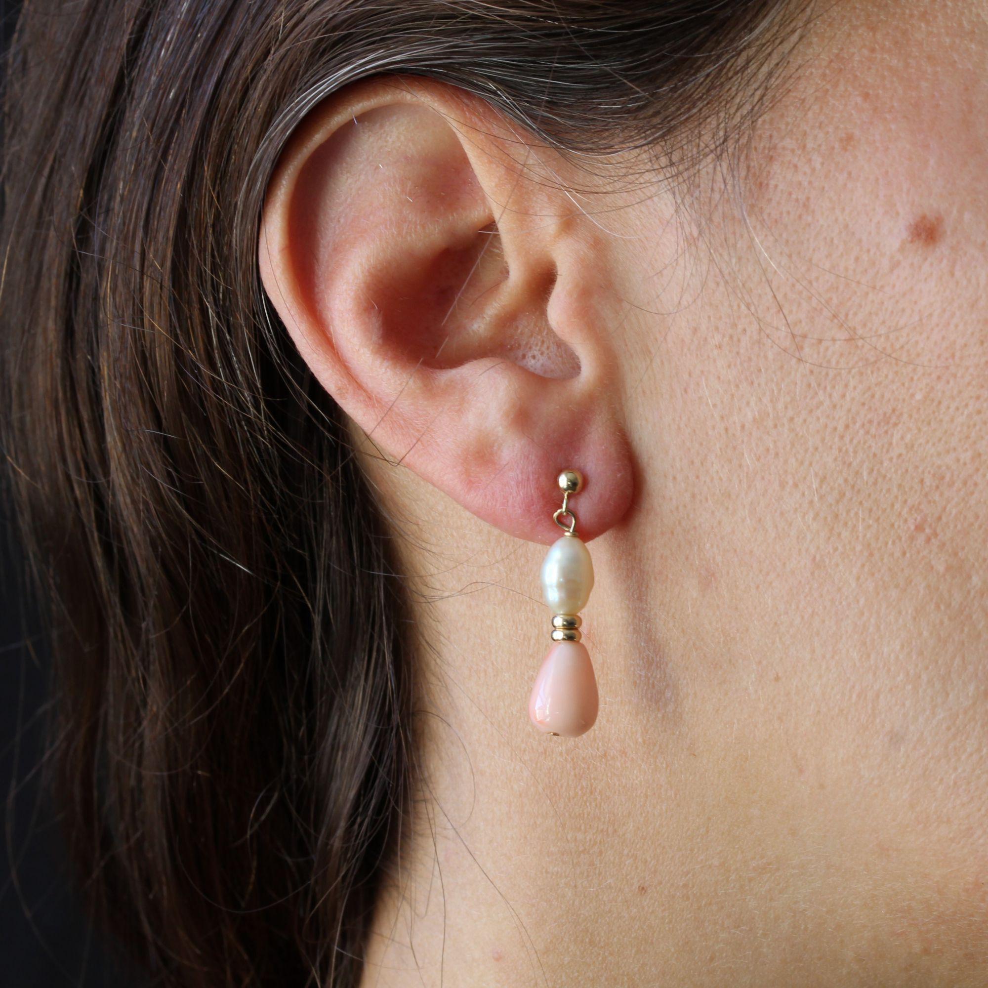 Women's Modern Baroque Pearl Coral Glass Yellow Gold Dangle Earrings