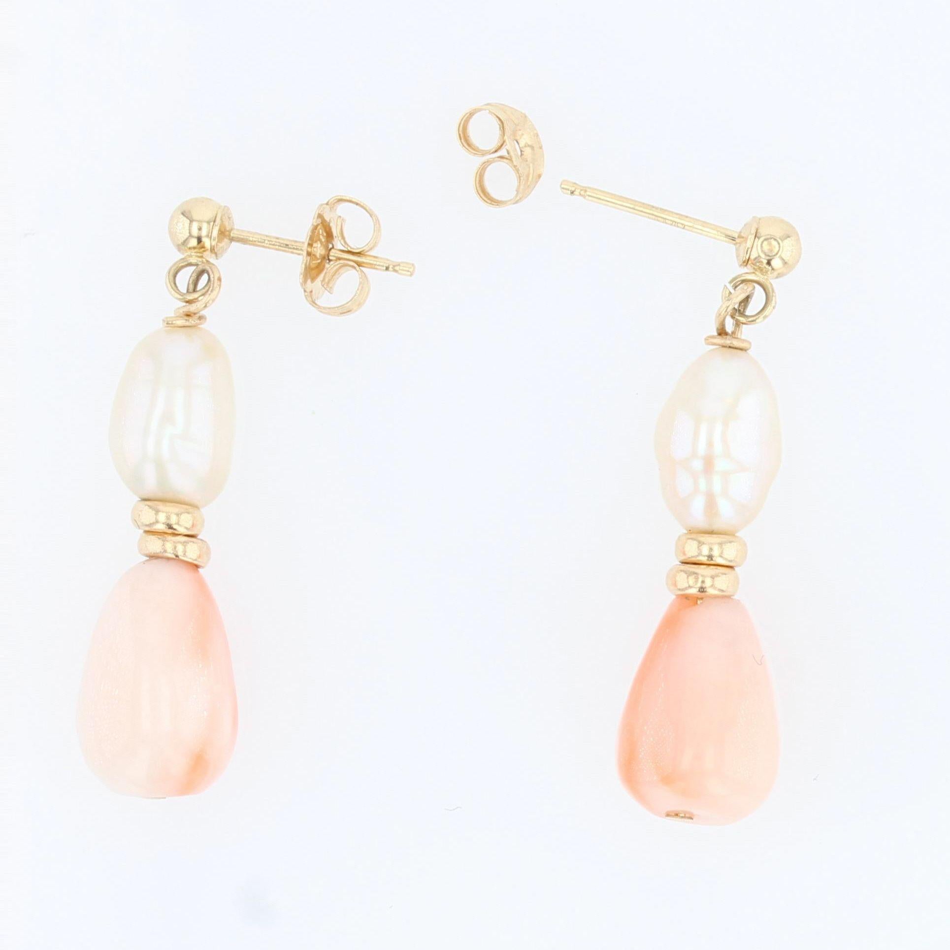 Modern Baroque Pearl Coral Glass Yellow Gold Dangle Earrings 3